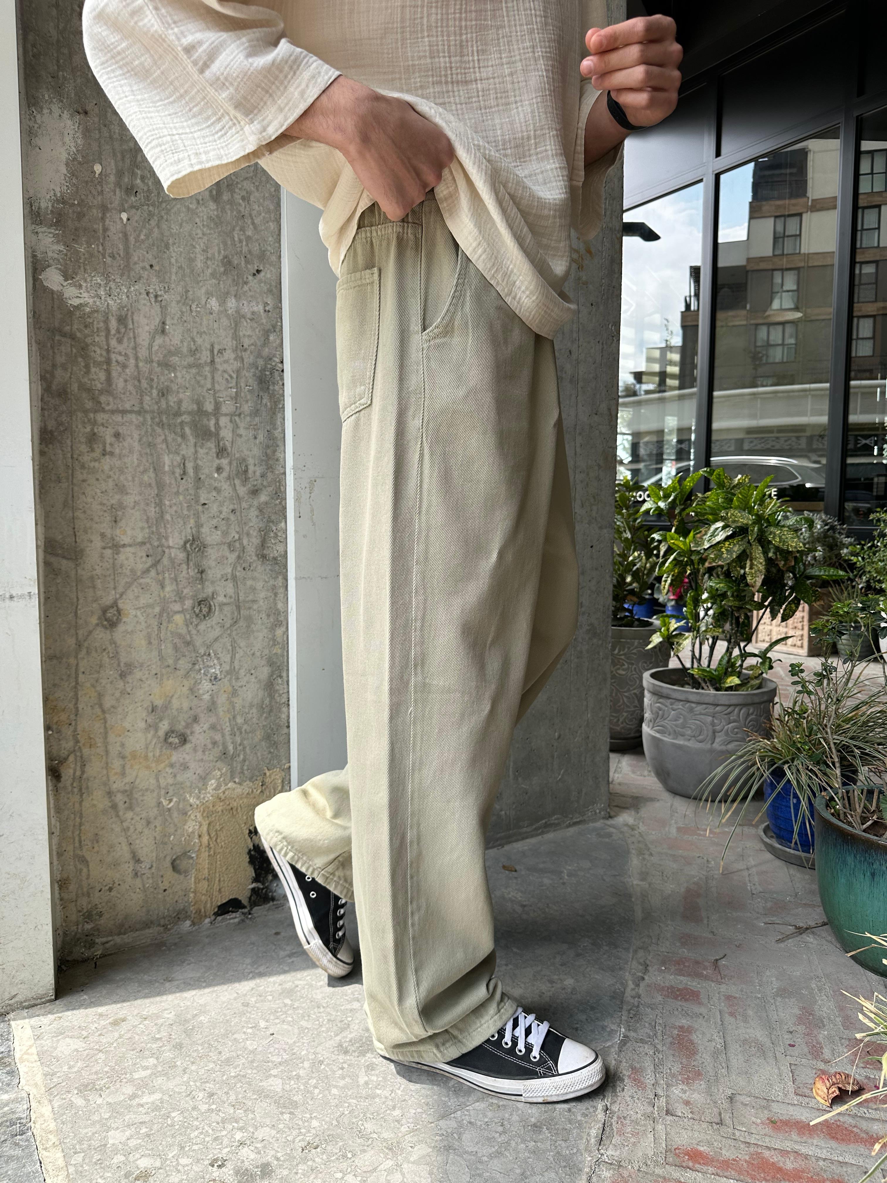 GABARDİN KUMAŞ BAGGY KALIP PANTOLON - HAKİ