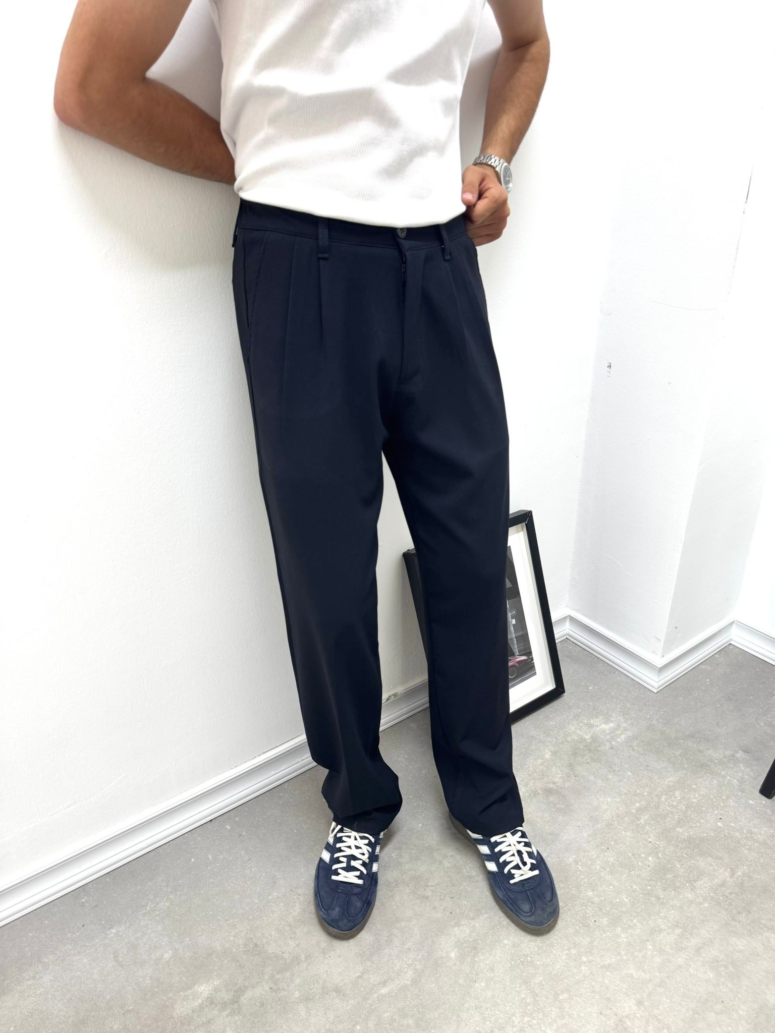 PİLELİ BAGGY KUMAŞ PANTOLON - LACİVERT