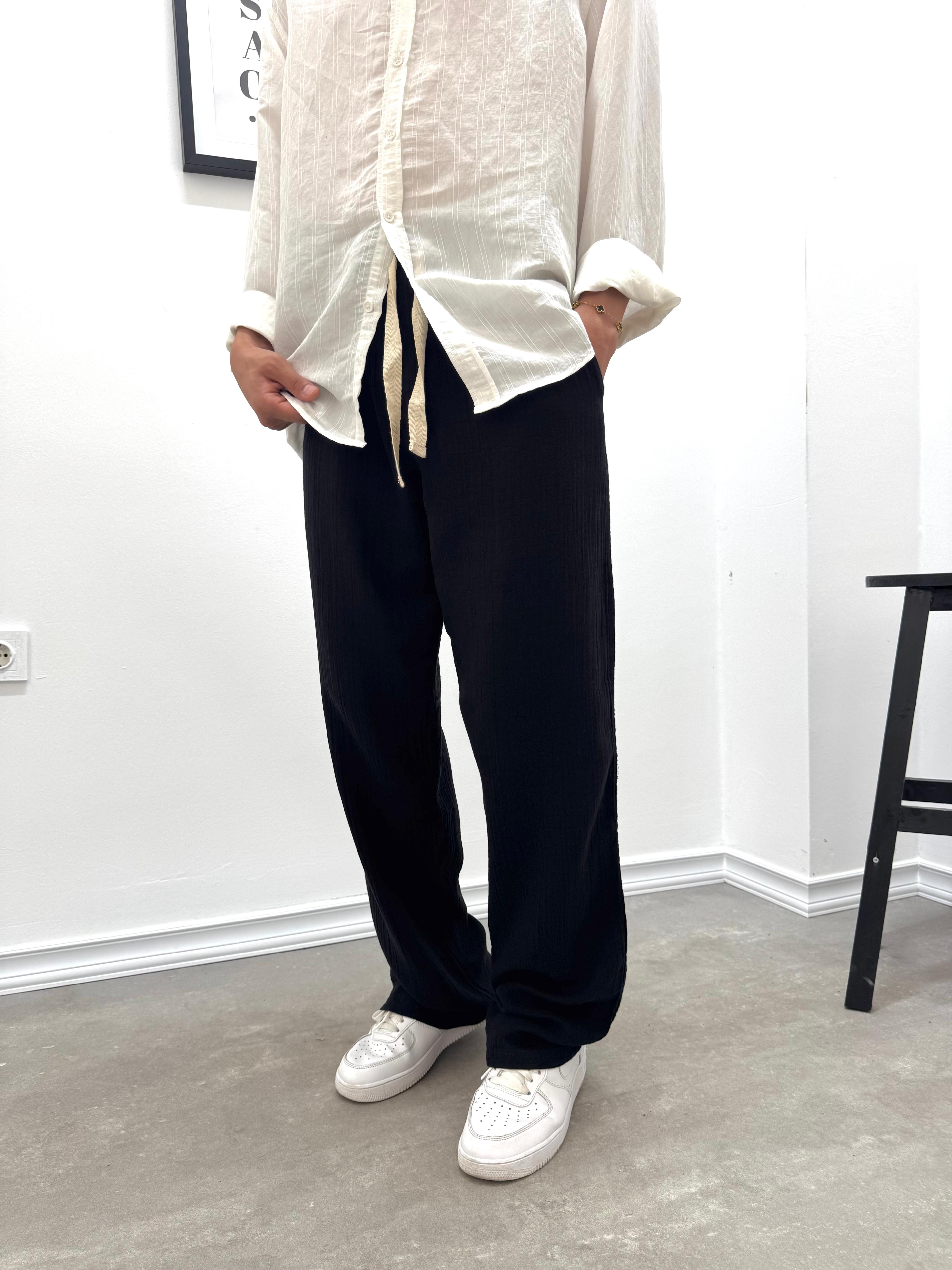 MÜSLİN KUMAŞ BAGGY KALIP PANTOLON - SİYAH