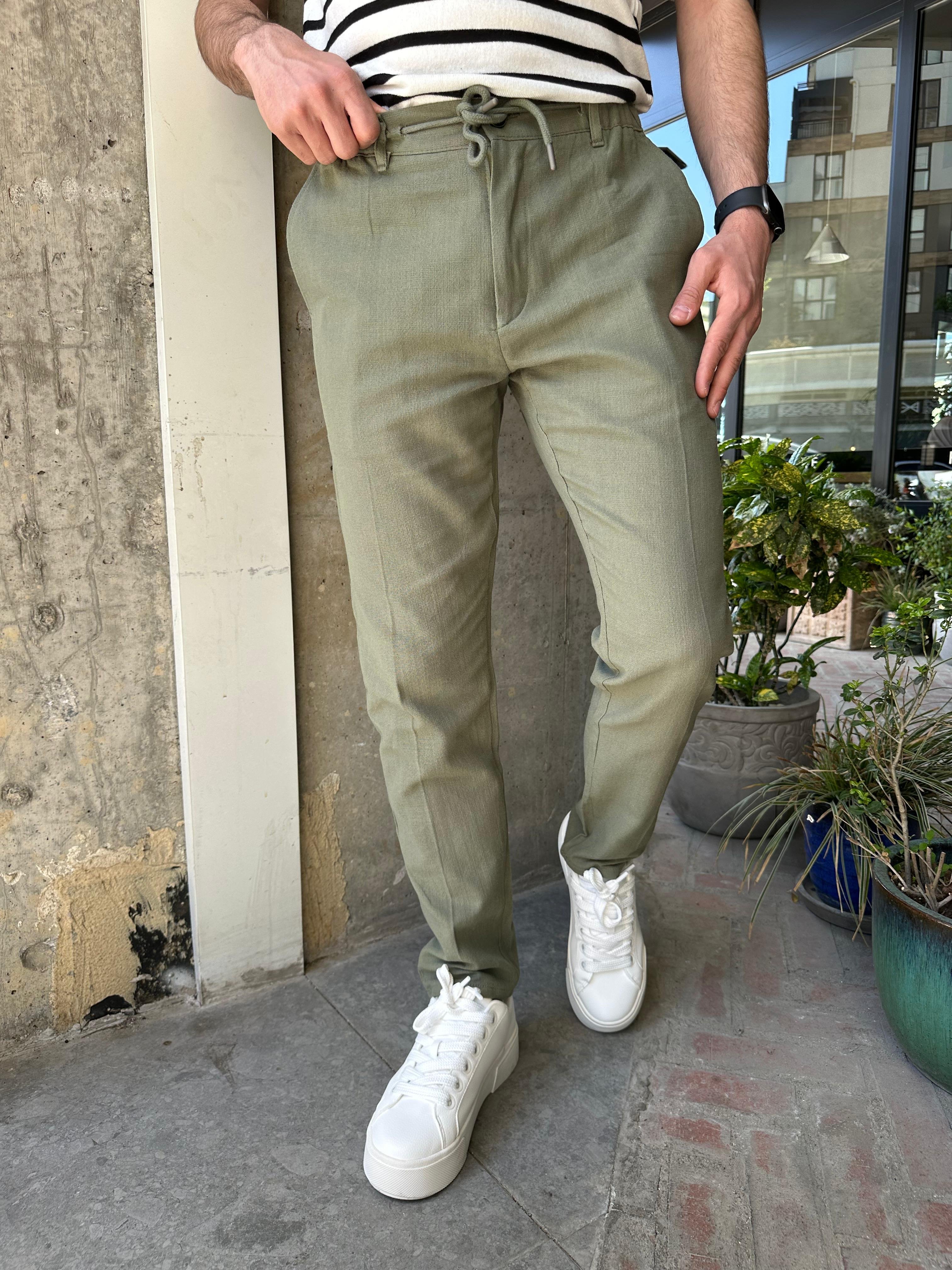 BELİ İPLİ REGULAR KALIP KETEN PANTOLON - HAKİ