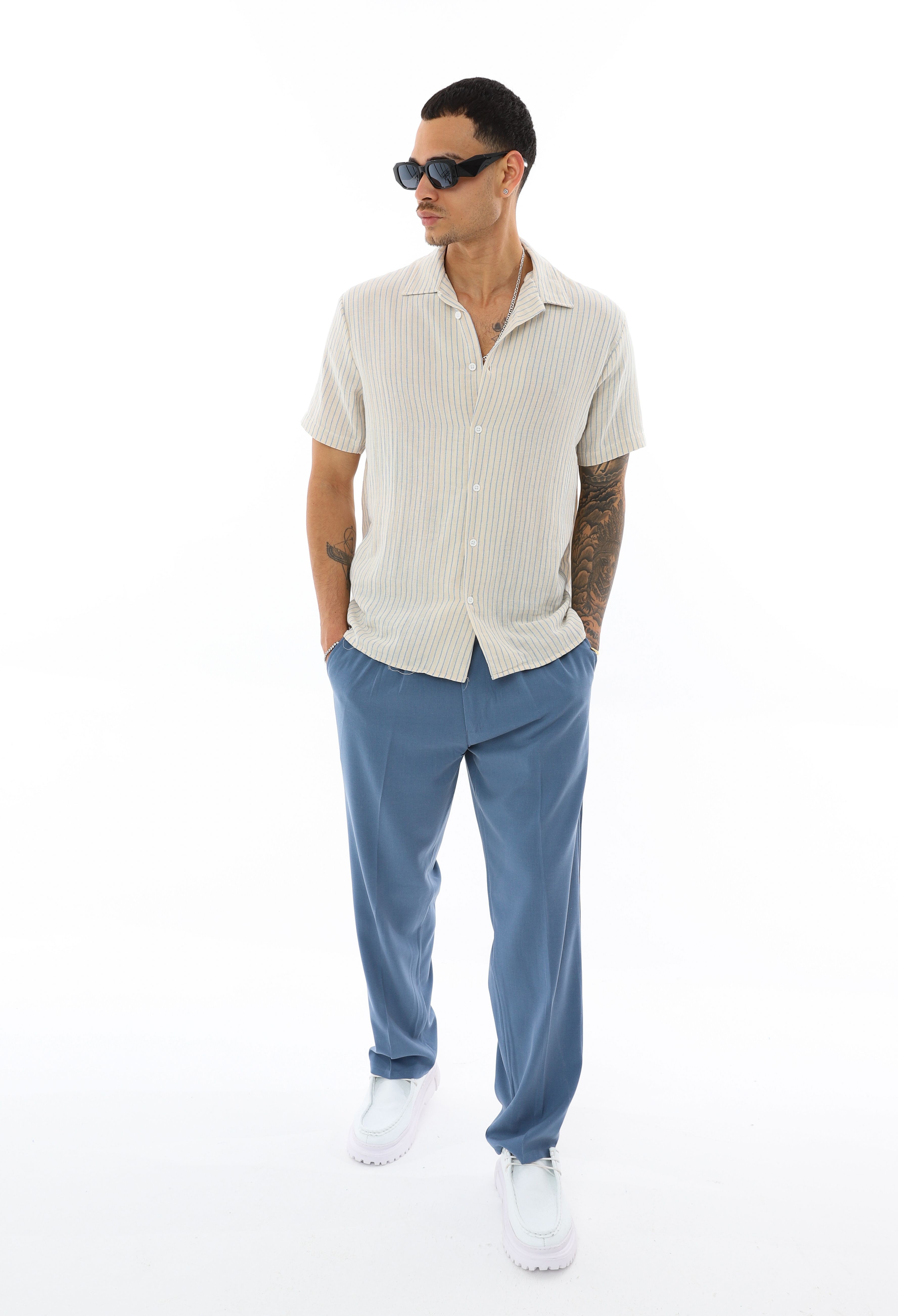 OVERSIZE İNCE ÇİZGİLİ GÖMLEK - MAVİ - BEYAZ
