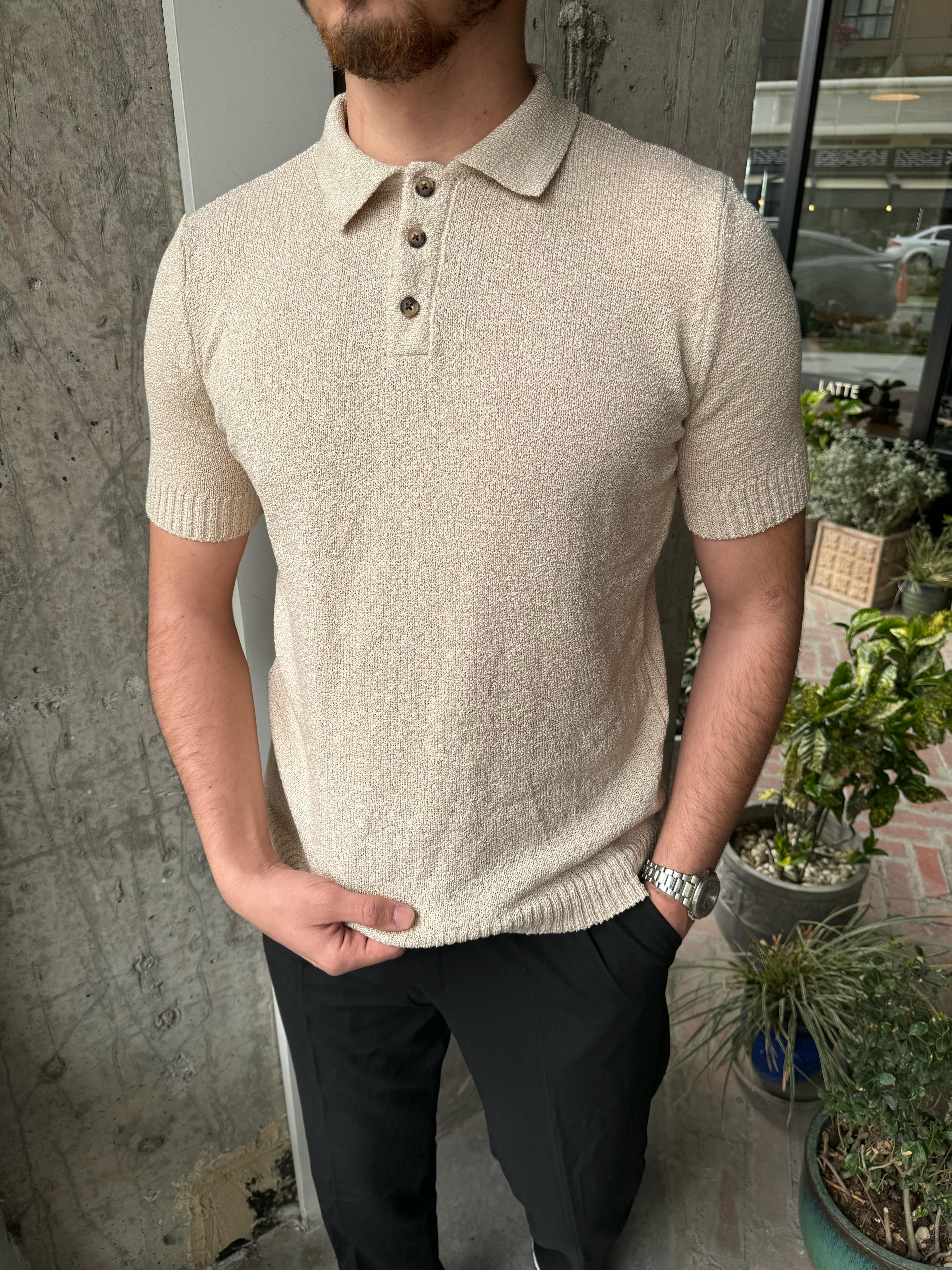 ÖRME KUMAŞ POLO YAKA TRİKO - BEJ