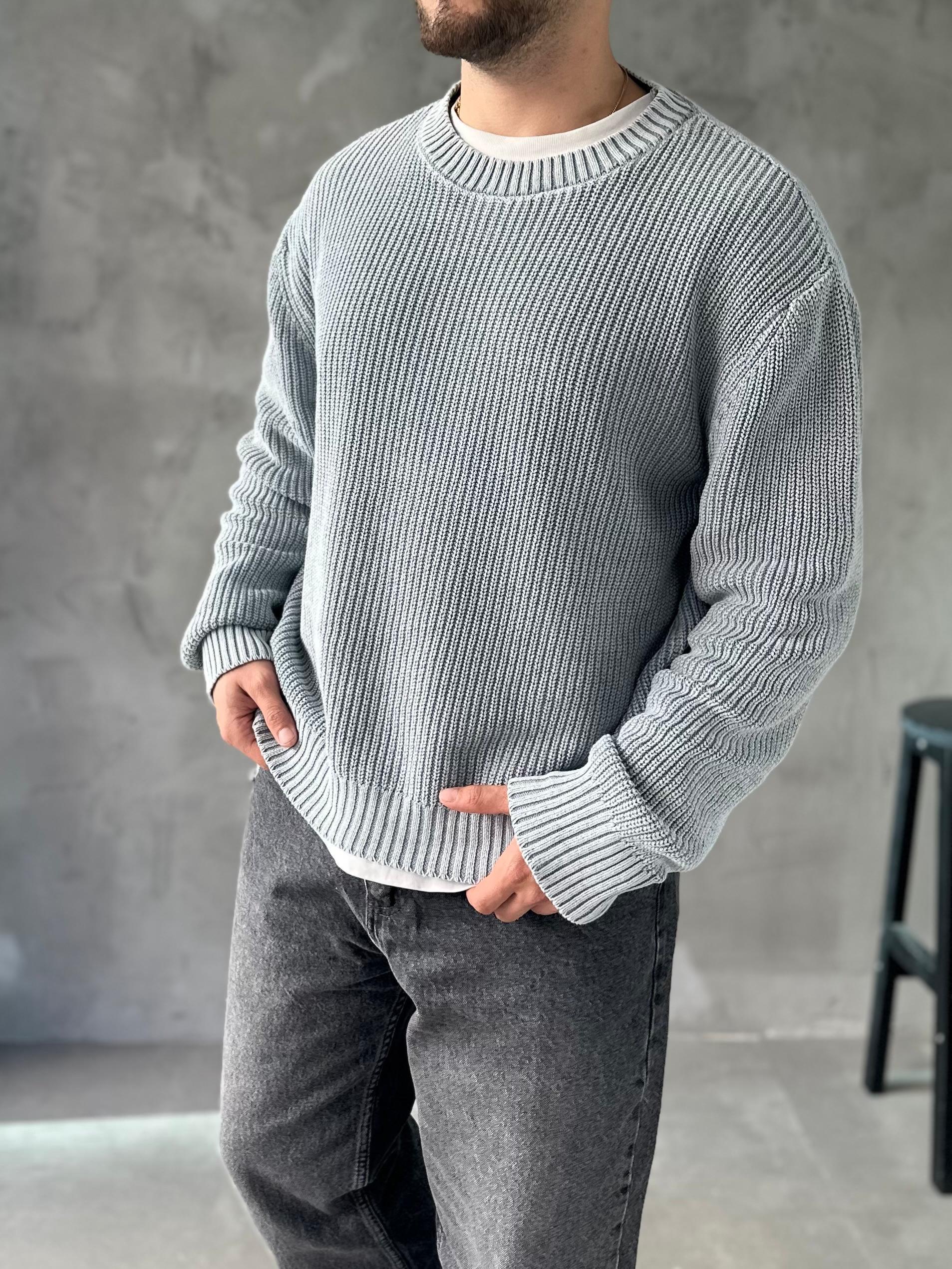 Gri Yıkamalı Oversize Örme Kazak