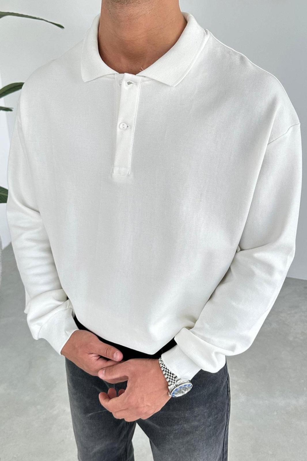 BASIC POLO YAKA SWEATSHIRT - BEYAZ