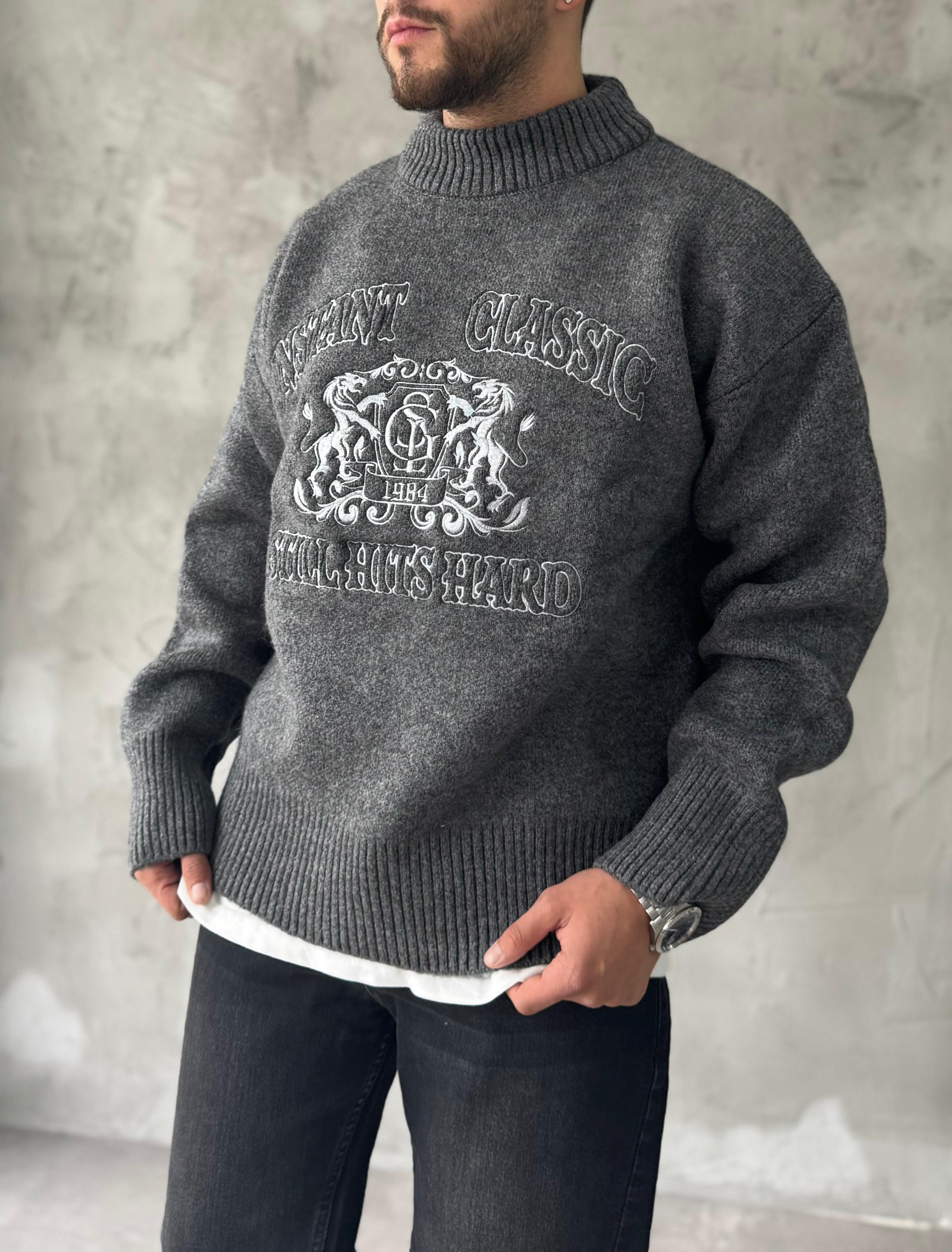 Antrasit Instant Nakışlı Oversize Kazak