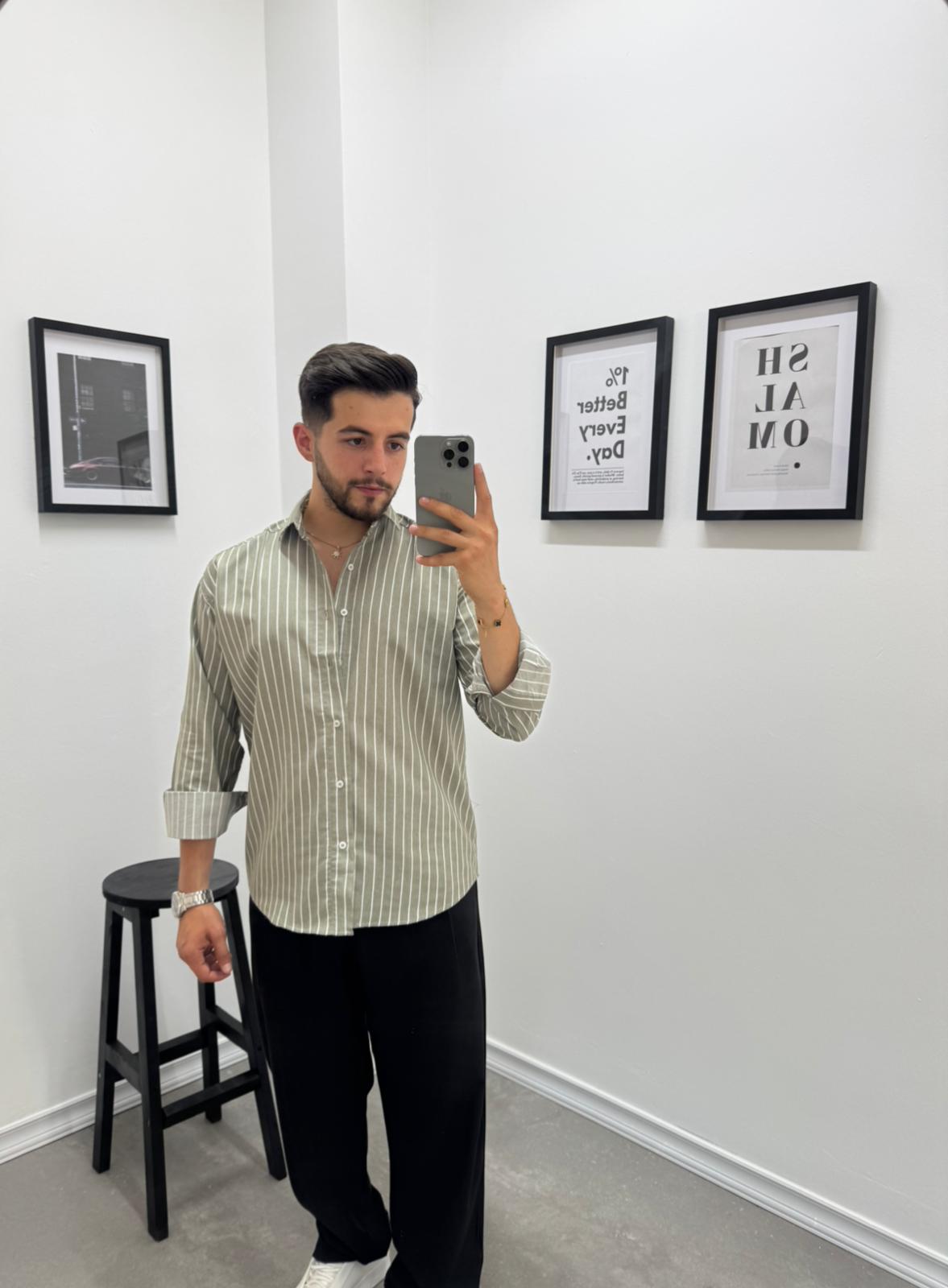 OVERSIZE ÇİZGİLİ GÖMLEK - HAKİ