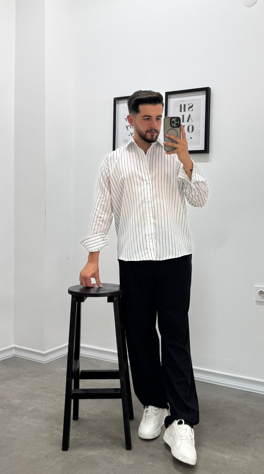 OVERSIZE ÇİZGİLİ GÖMLEK - BEYAZ