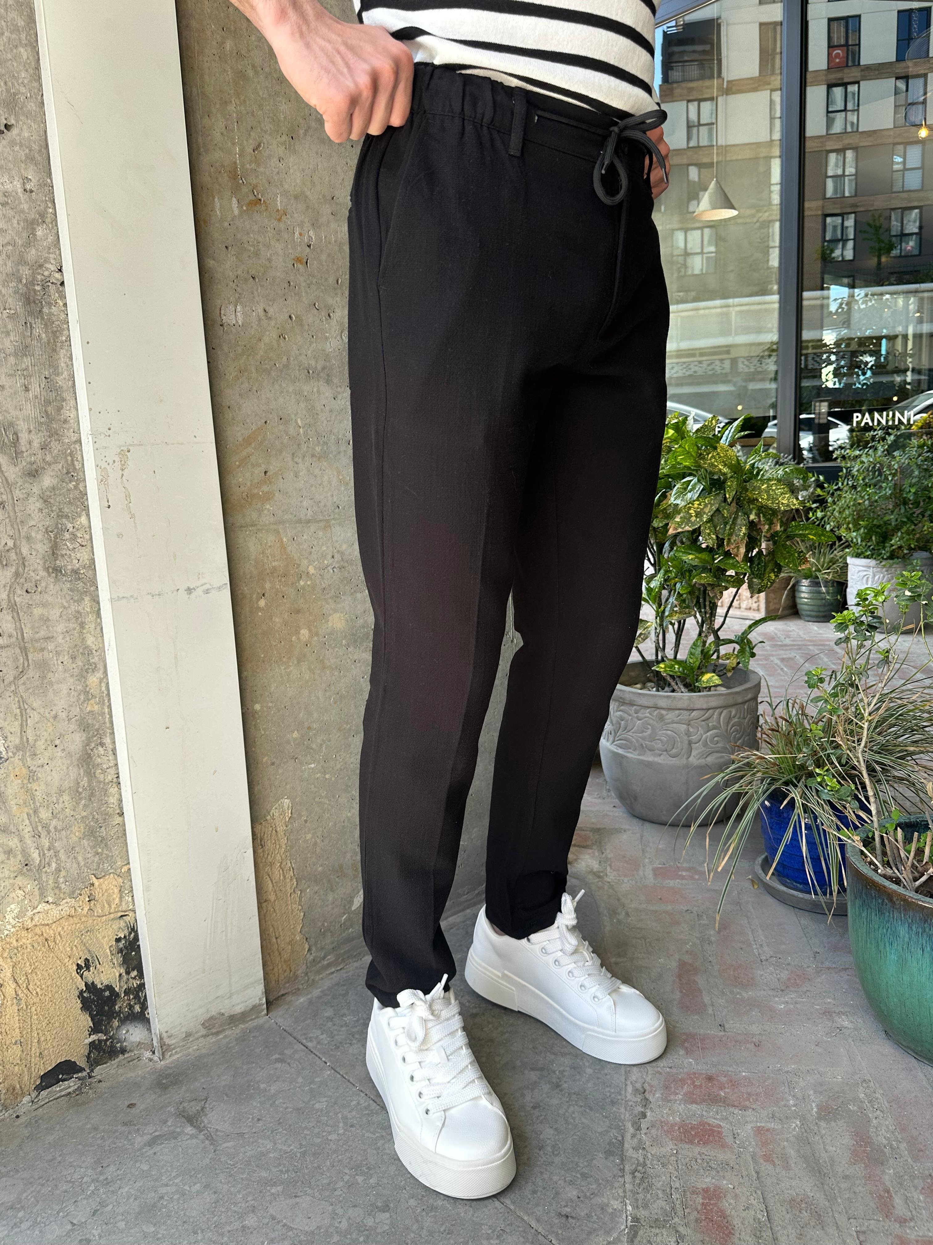 BELİ İPLİ REGULAR KALIP KETEN PANTOLON - SİYAH