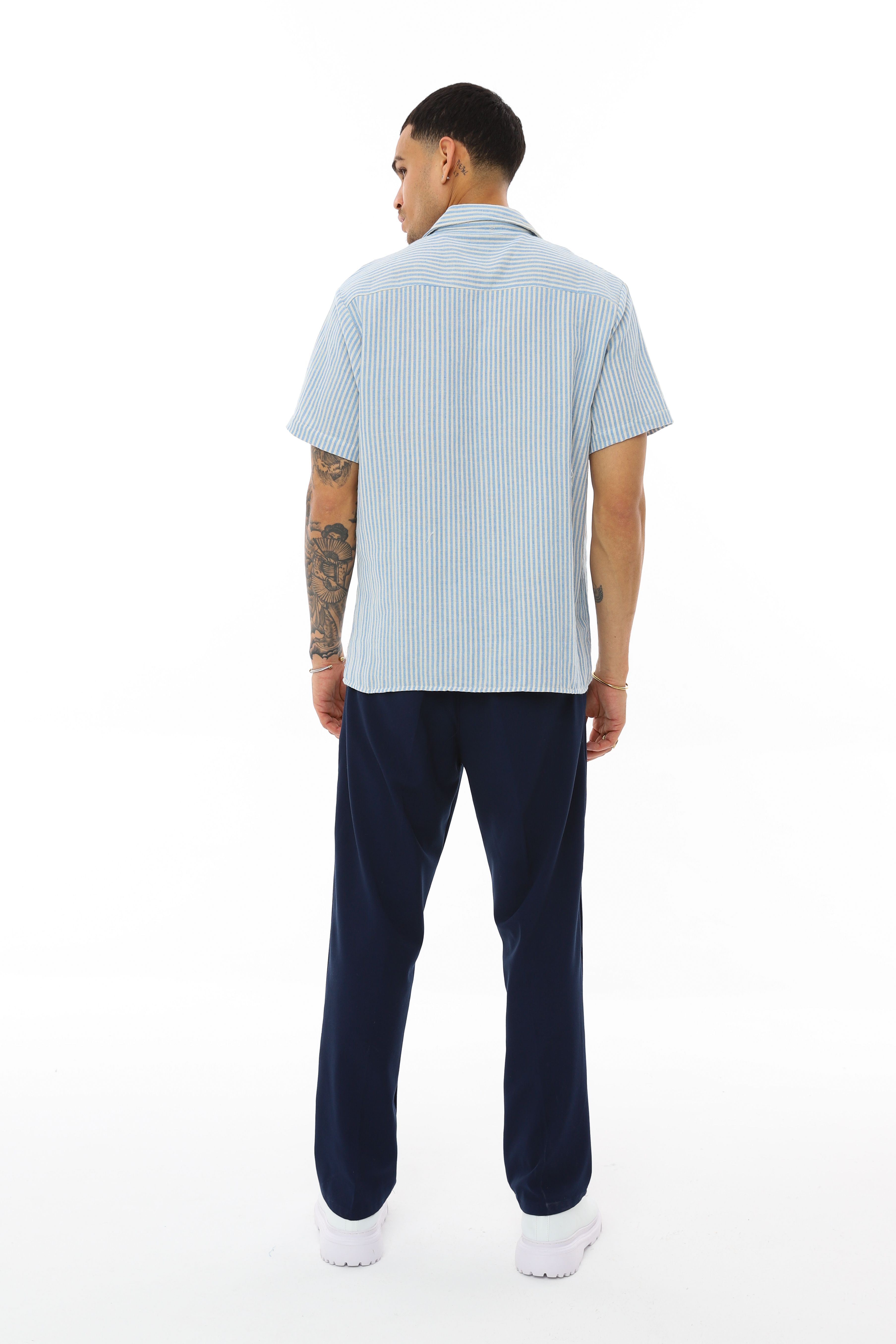 OVERSIZE KALIN ÇİZGİLİ KISA KOLLU GÖMLEK - MAVİ - BEYAZ