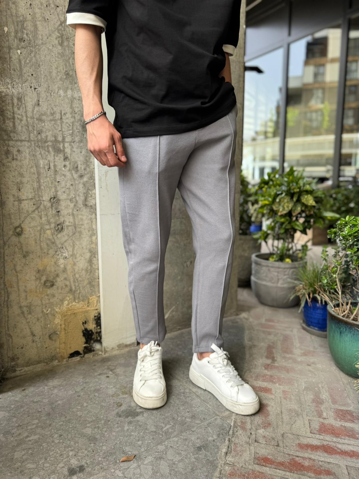ÇIMALI ÖRME BOYFRIEND JOGGER - FÜME