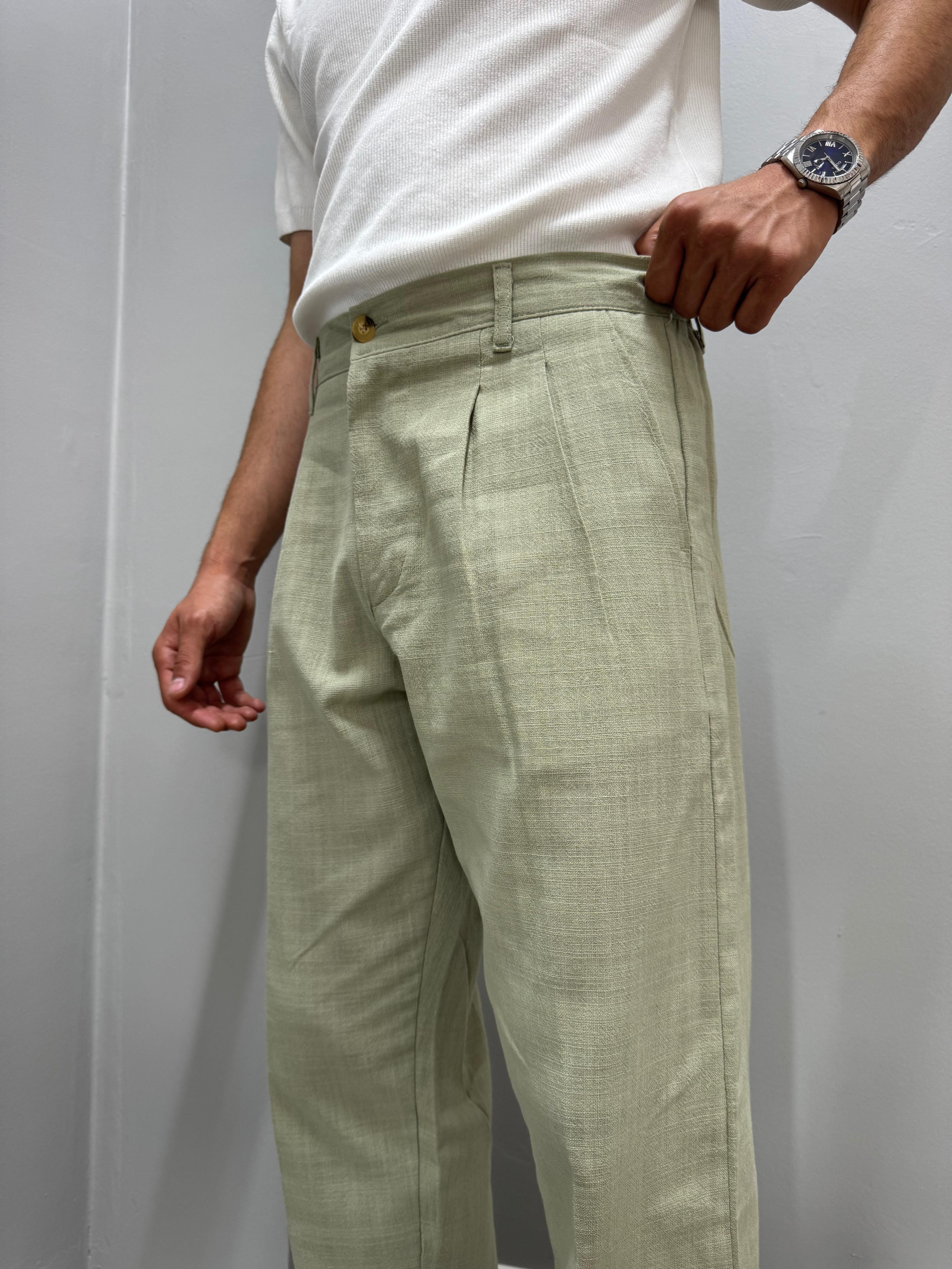 PİLELİ BAGGY KETEN PANTOLON - YEŞİL