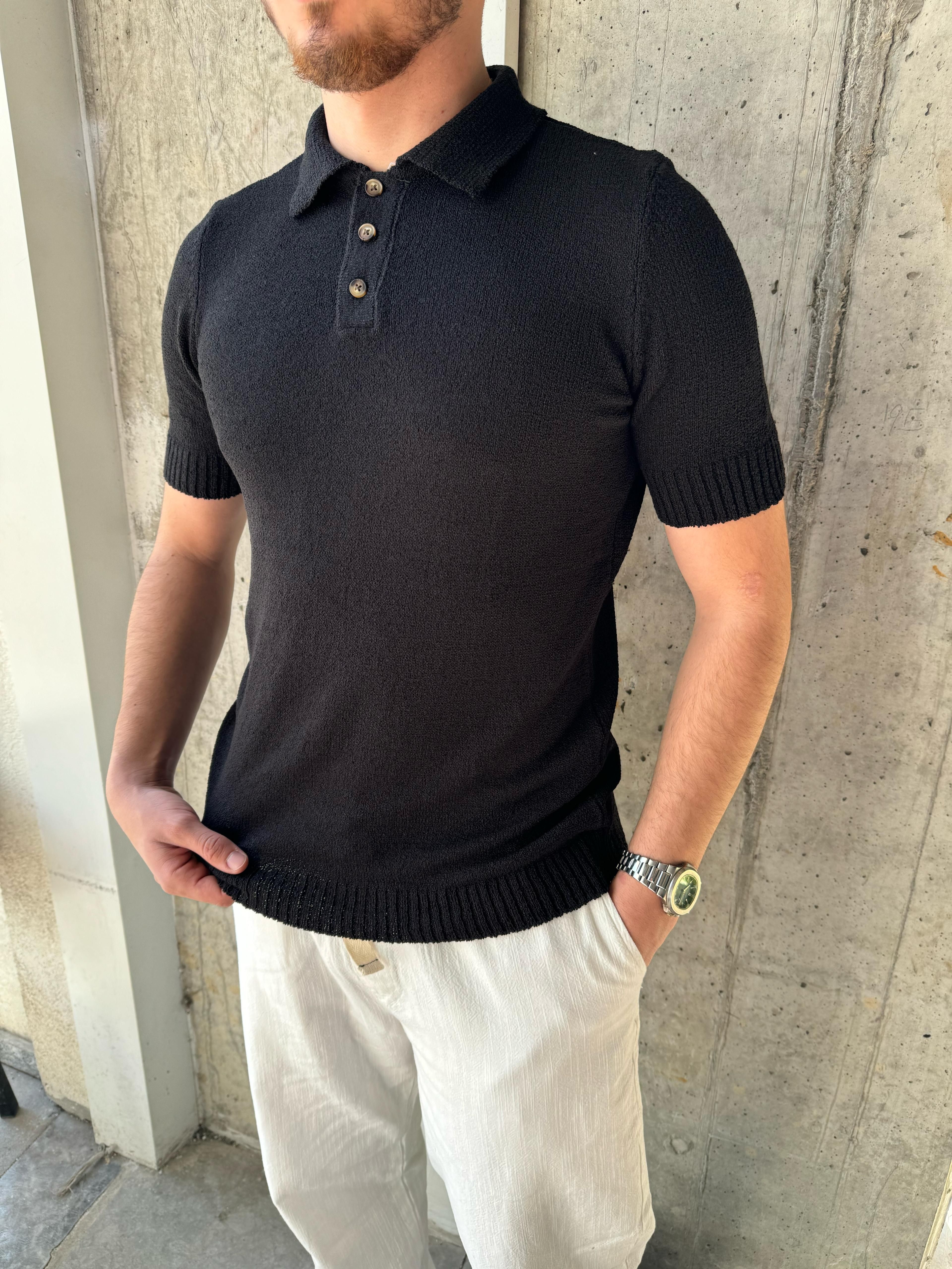 ÖRME KUMAŞ POLO YAKA TRİKO - SİYAH