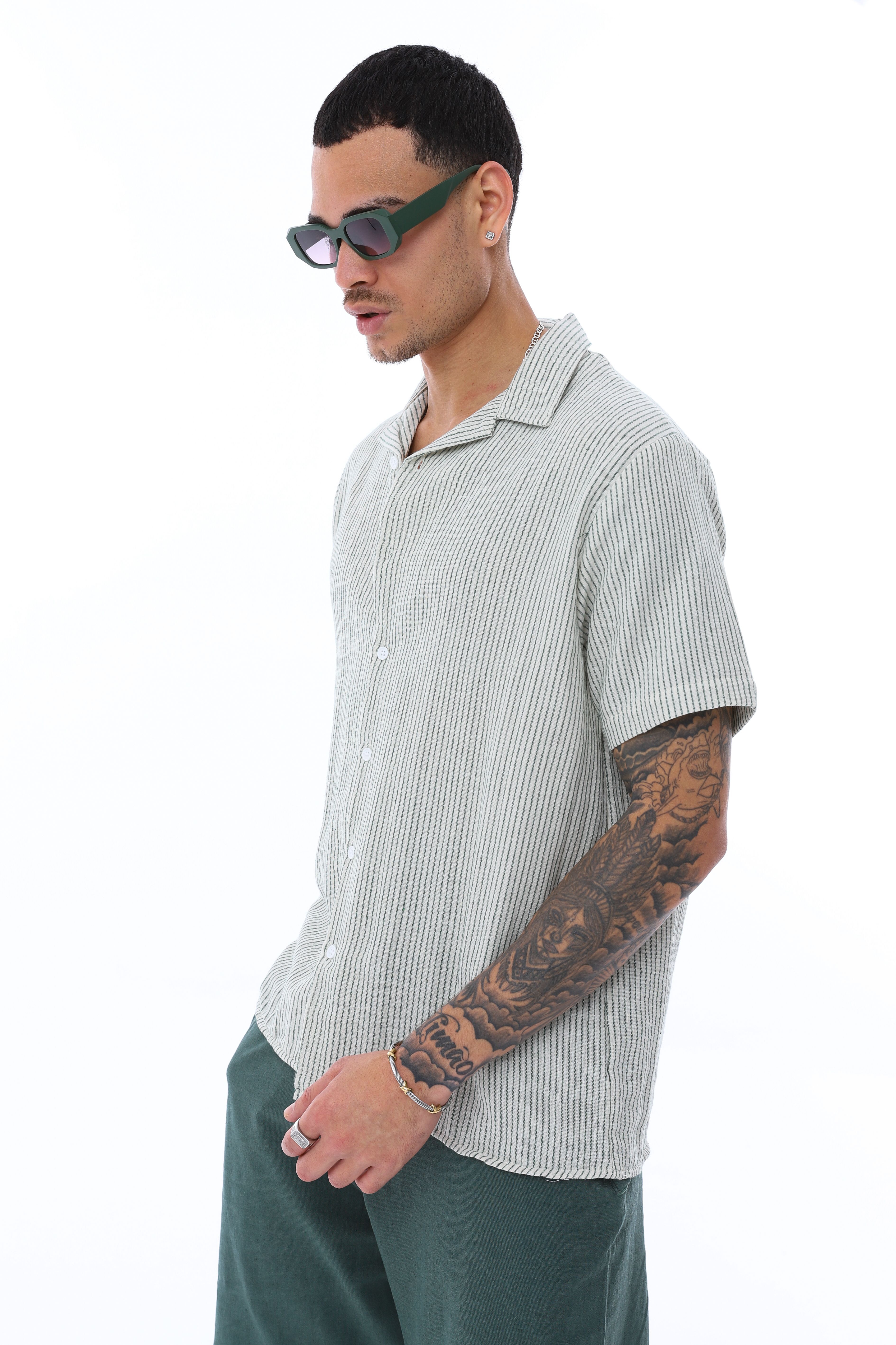 OVERSIZE İNCE ÇİZGİLİ GÖMLEK - HAKİ - BEYAZ