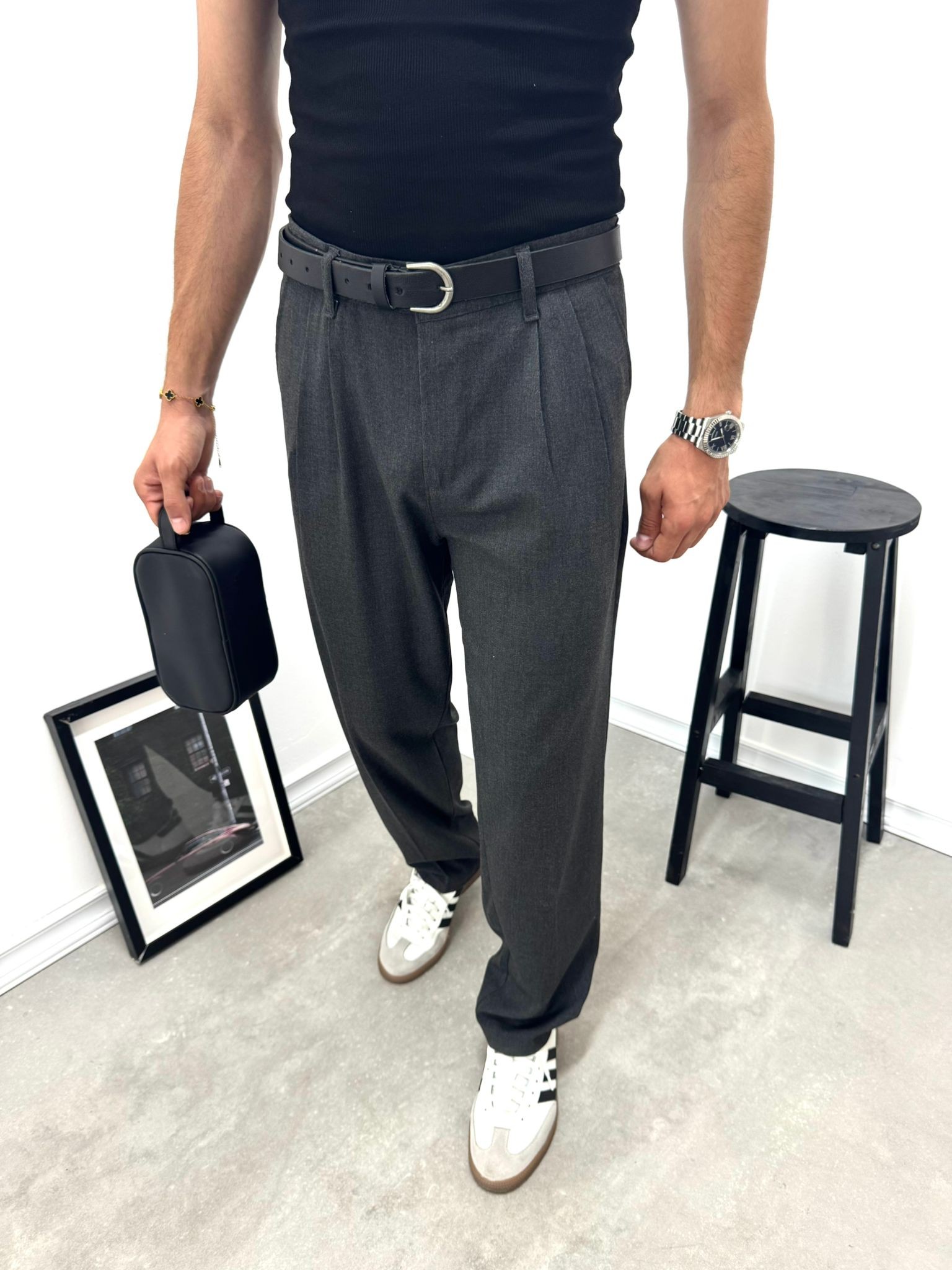 PİLELİ BAGGY KUMAŞ PANTOLON - ANTRASİT