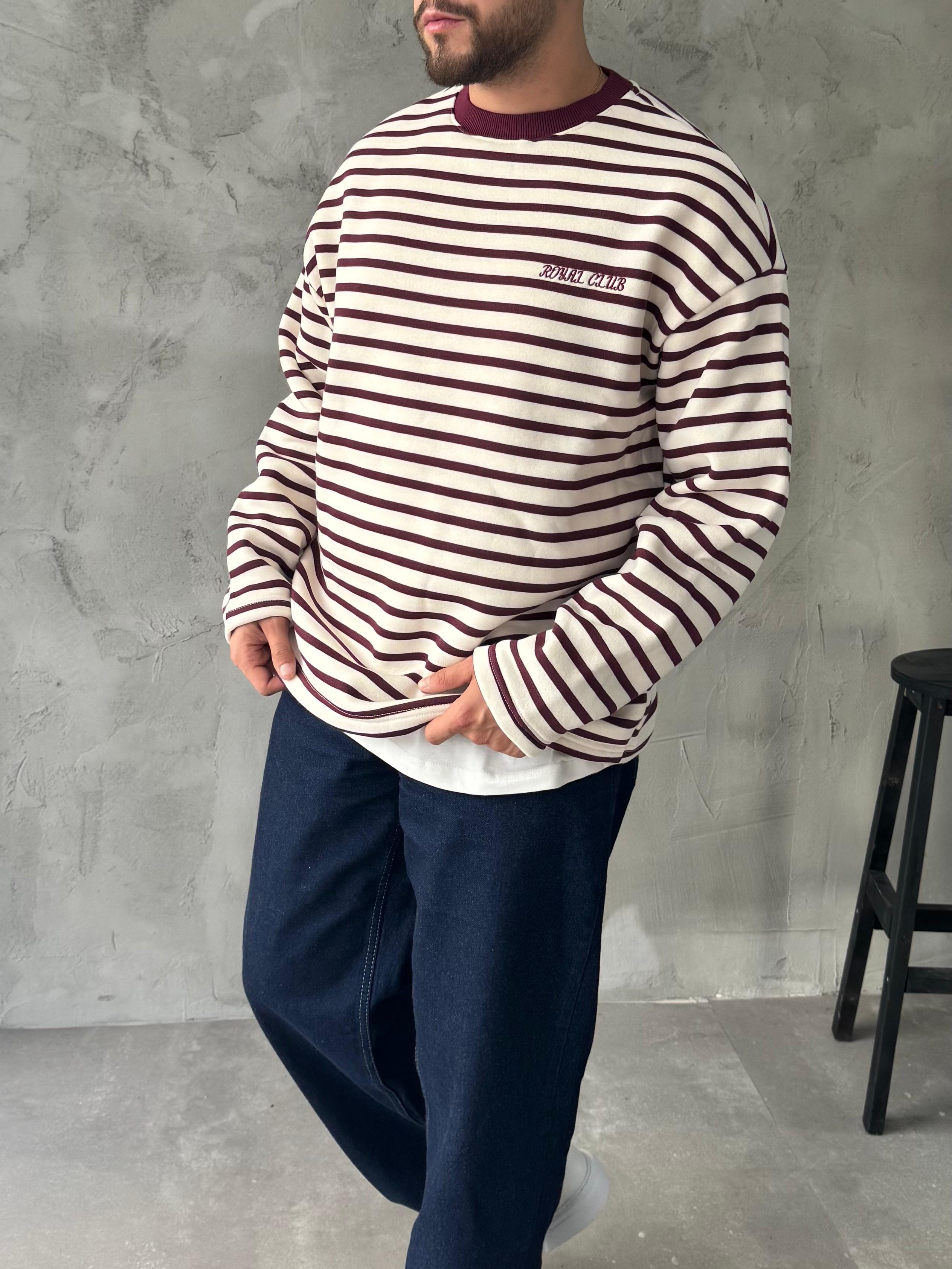 Bordo Royal Club Çizgili Sweatshirt