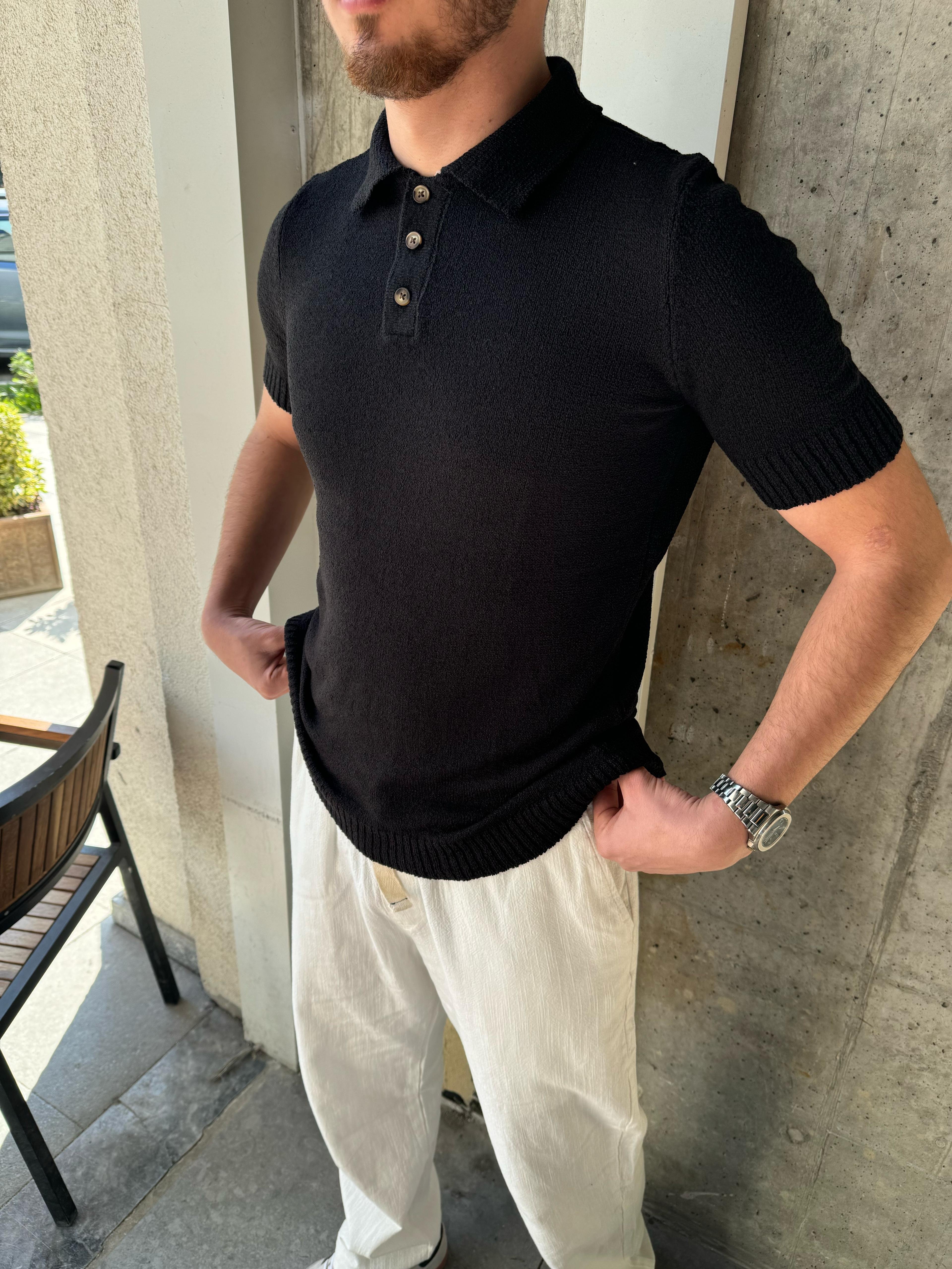 ÖRME KUMAŞ POLO YAKA TRİKO - SİYAH