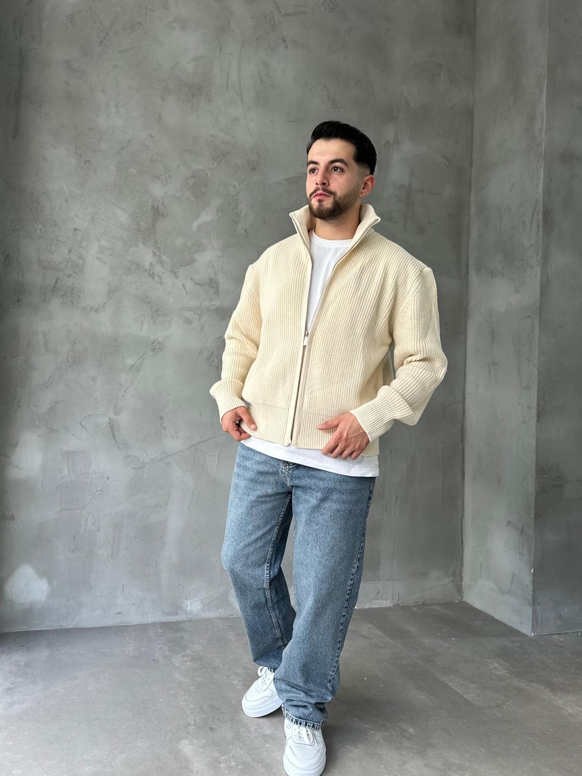 Ekru Tam Fermuarlı Oversize Örme Hırka