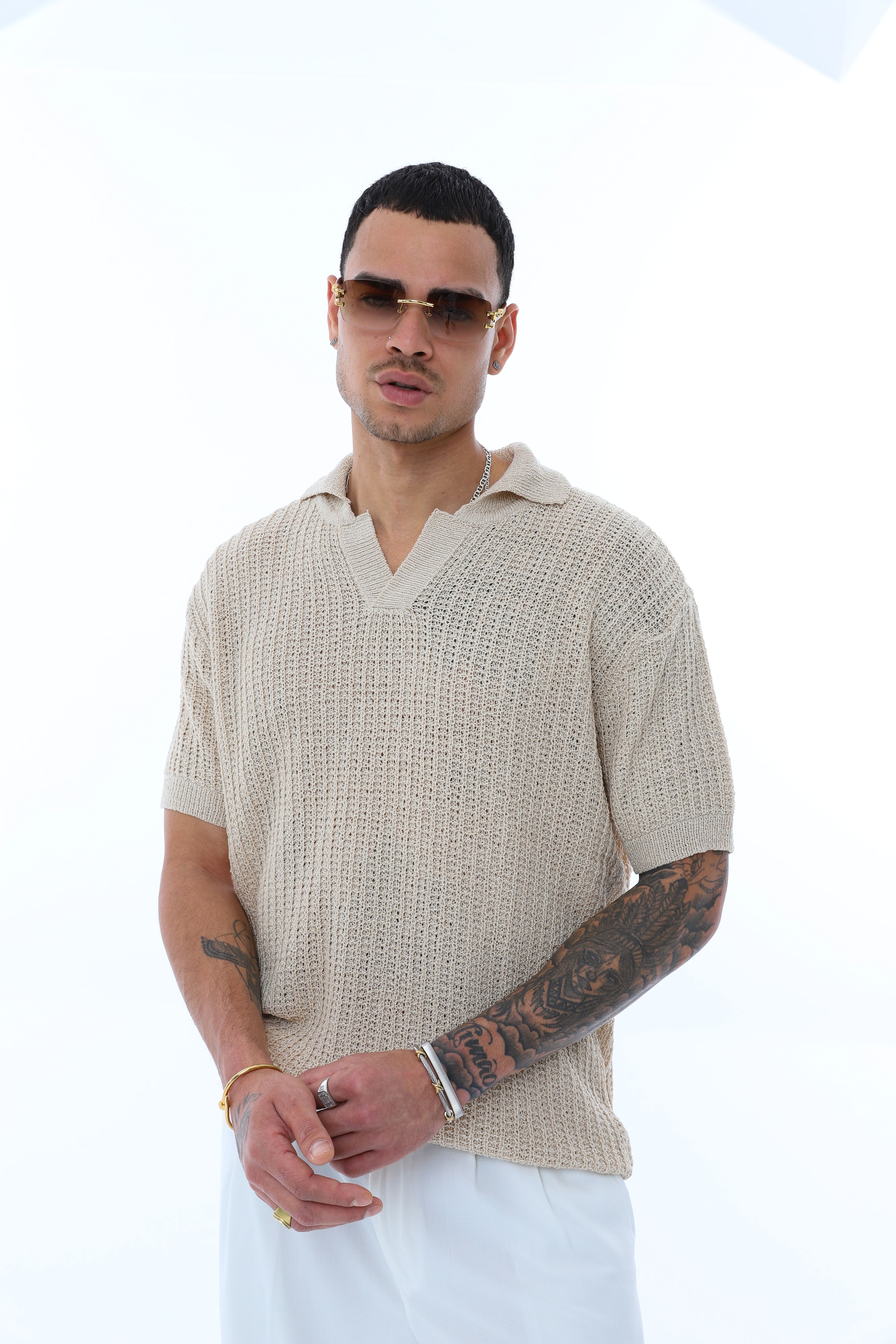 OVERSIZE POLO YAKA TRİKO T-SHIRT - BEJ