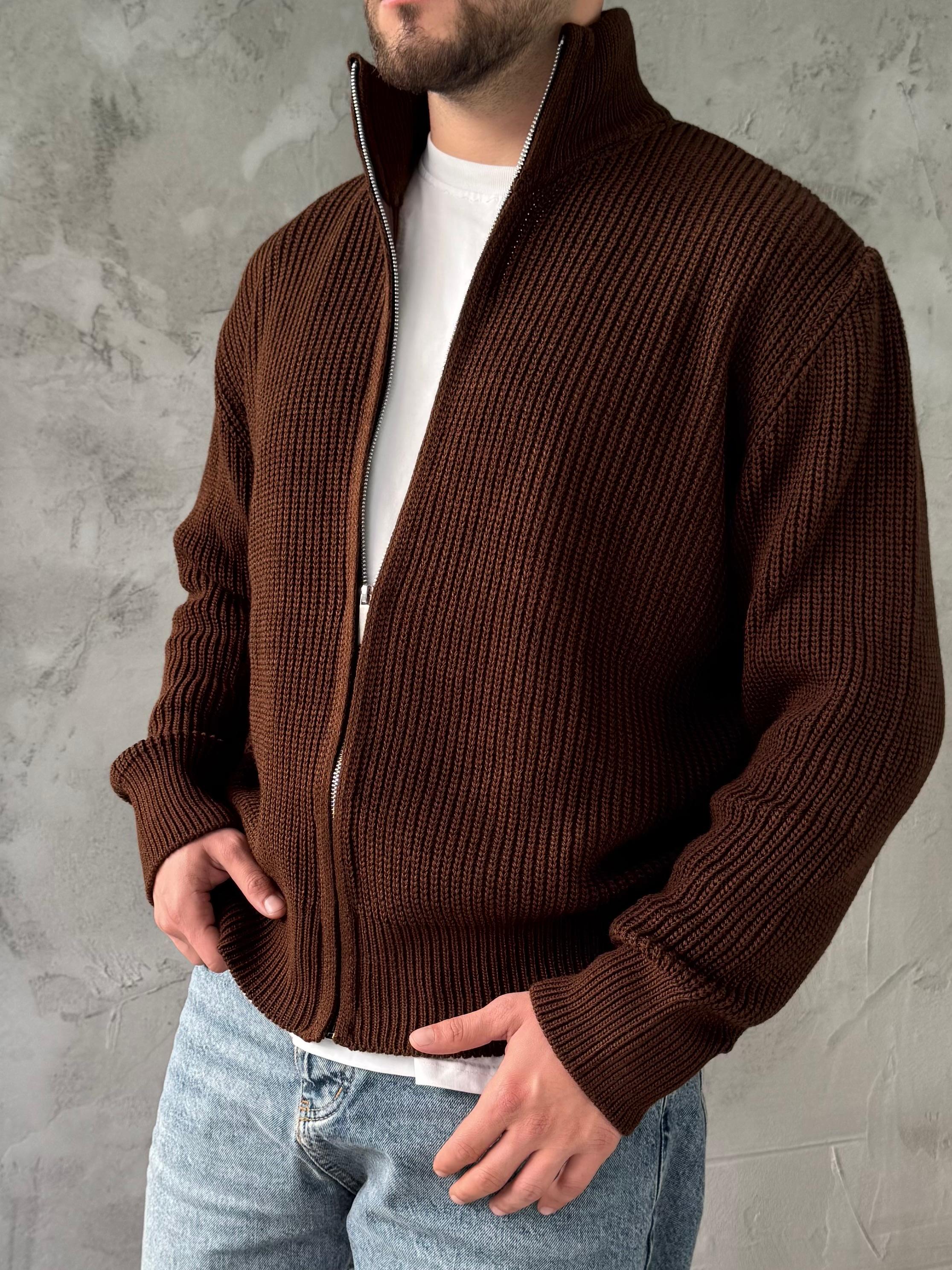 Kahve Tam Fermuarlı Oversize Örme Hırka