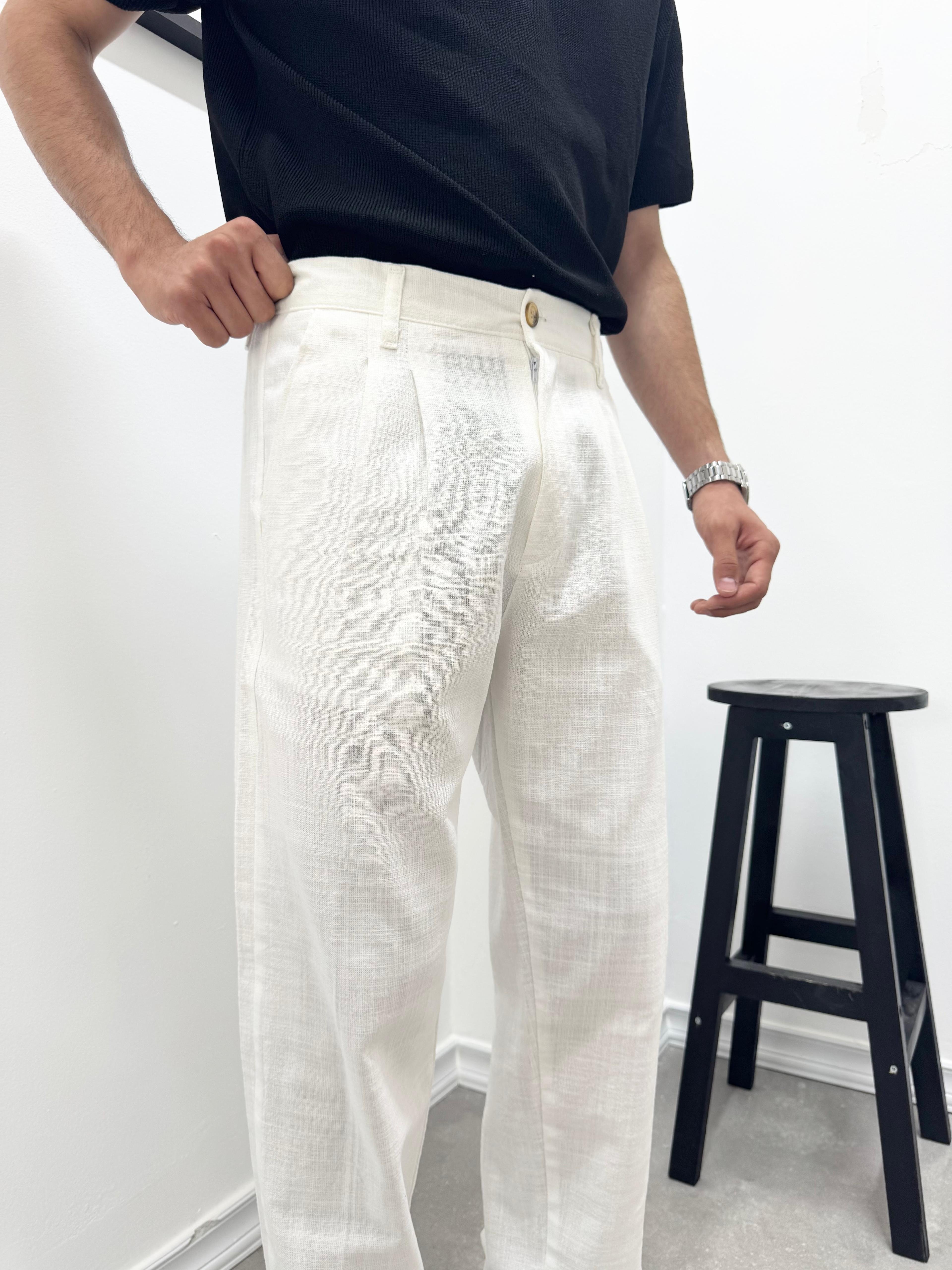 PİLELİ BAGGY KETEN PANTOLON - BEYAZ
