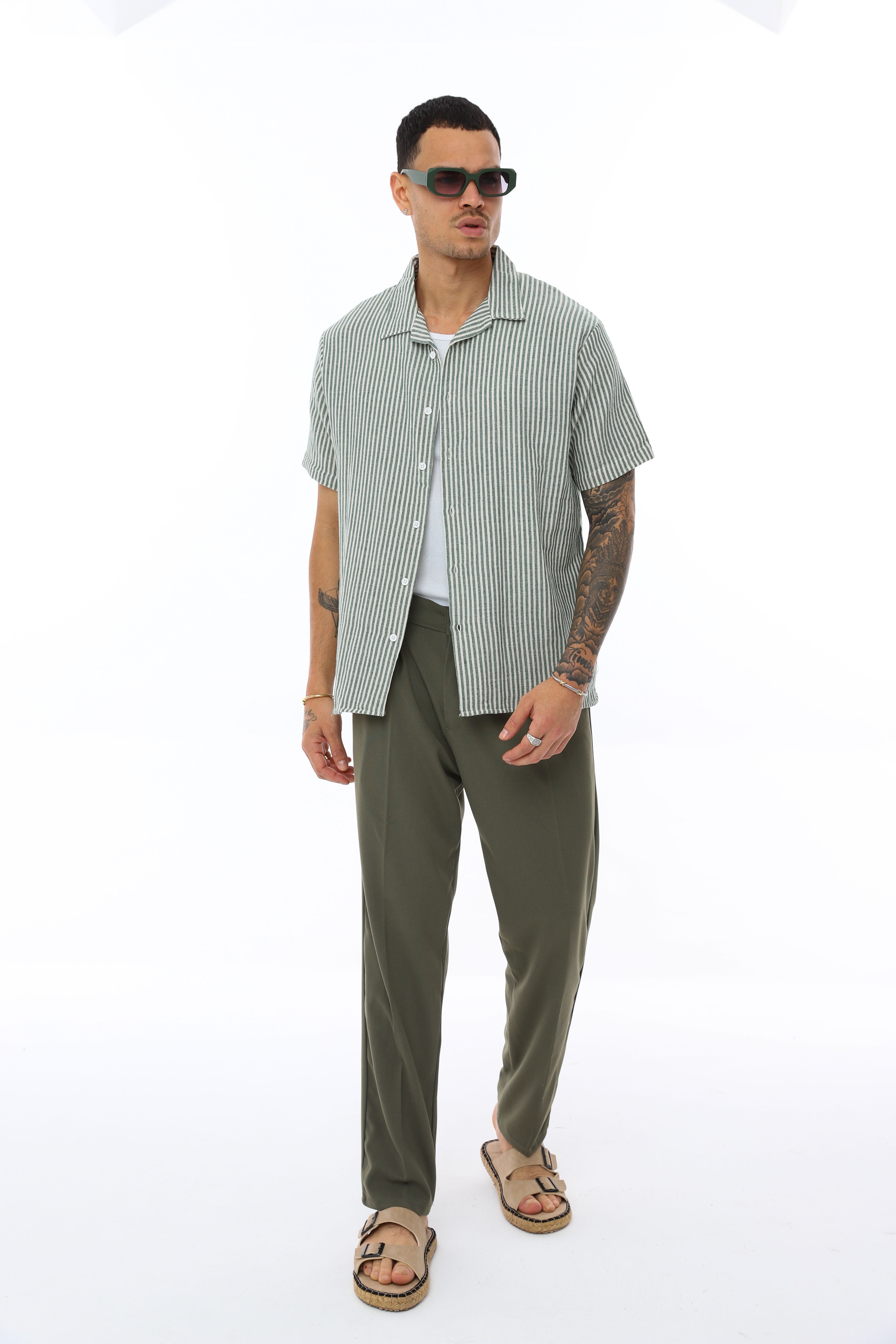 OVERSIZE KALIN ÇİZGİLİ KISA KOLLU GÖMLEK - HAKİ - BEYAZ