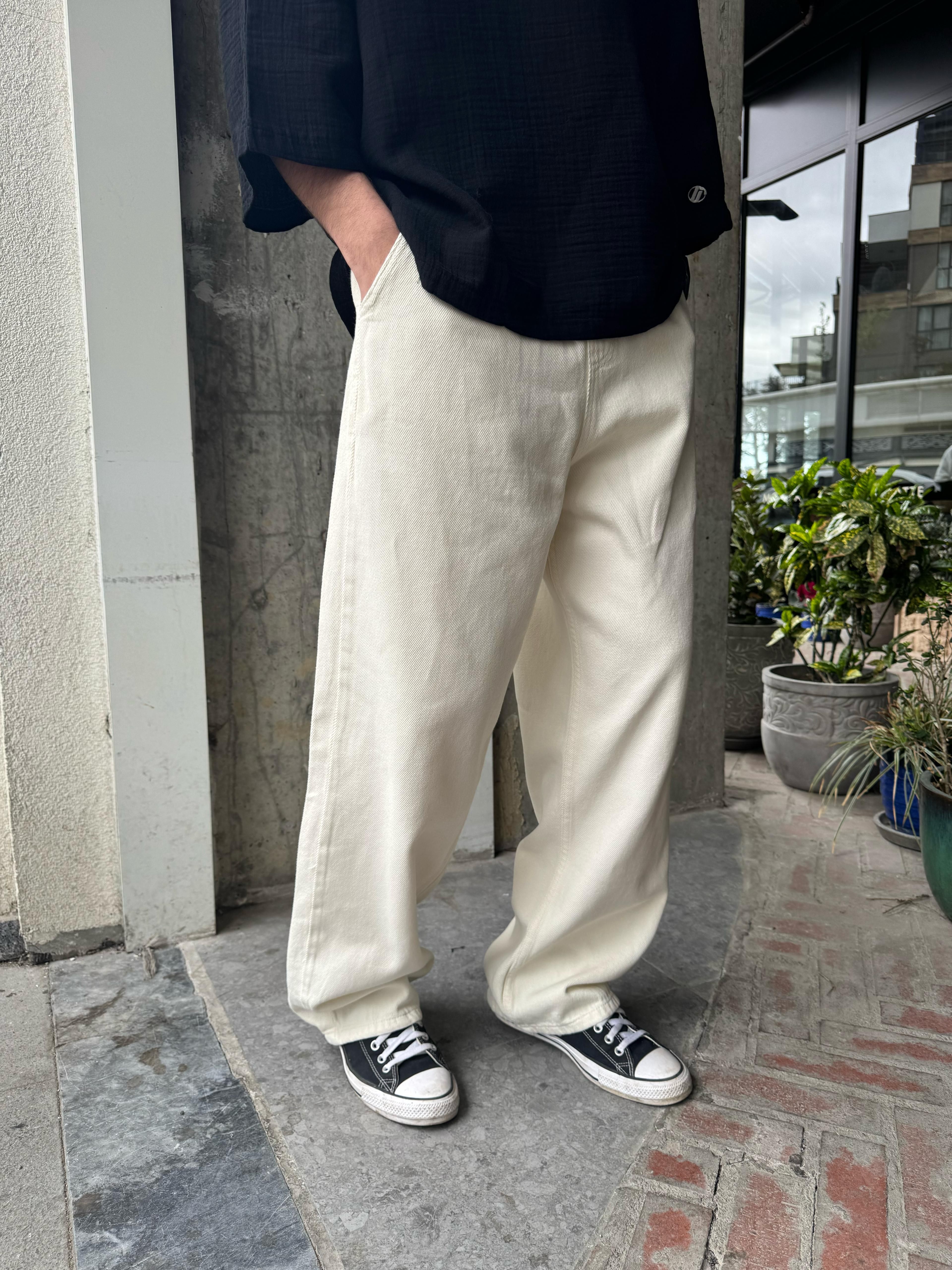 GABARDİN KUMAŞ BAGGY KALIP PANTOLON - BEYAZ