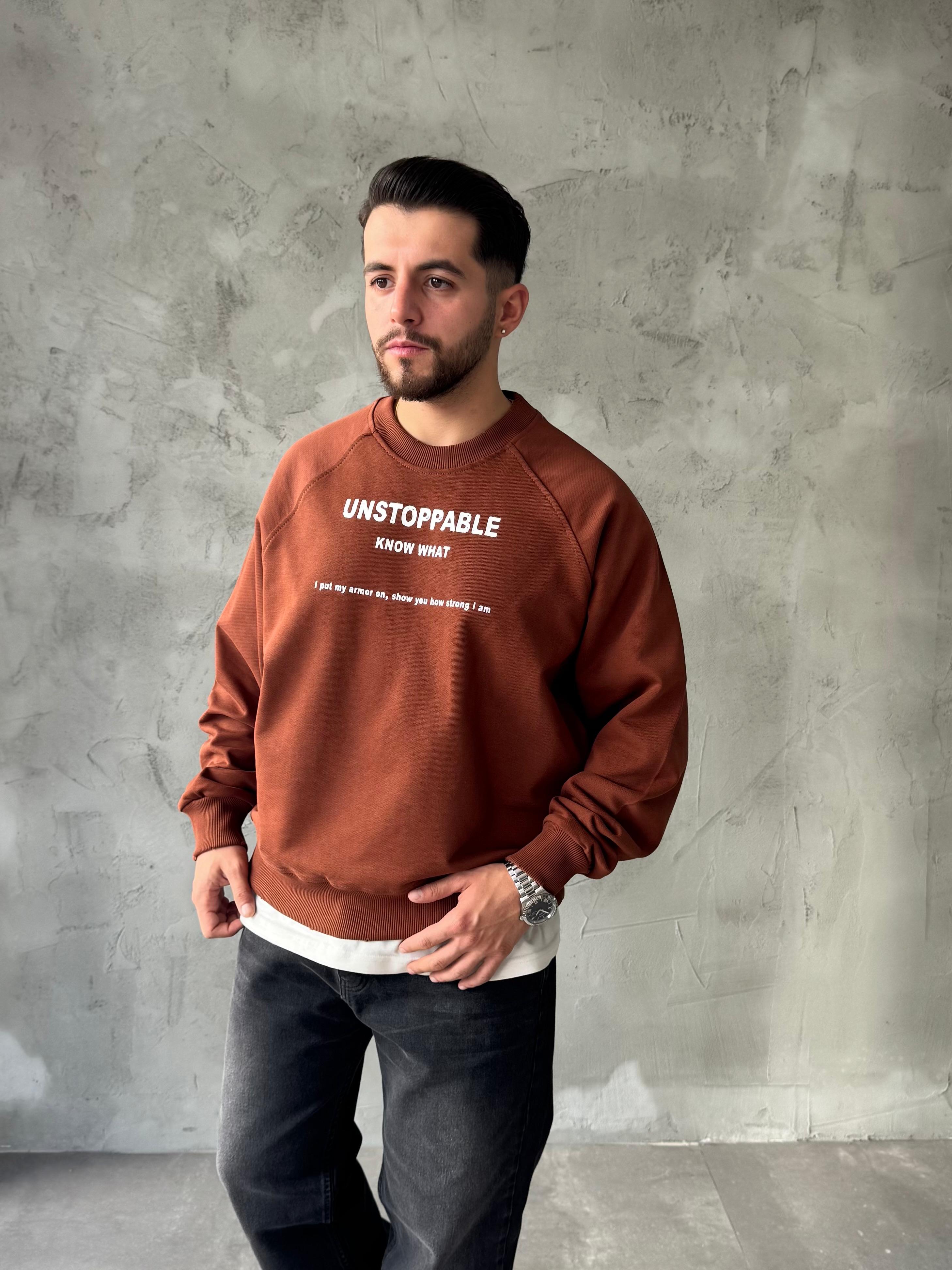Kahve Unstoppable Baskılı Oversize Sweatshirt