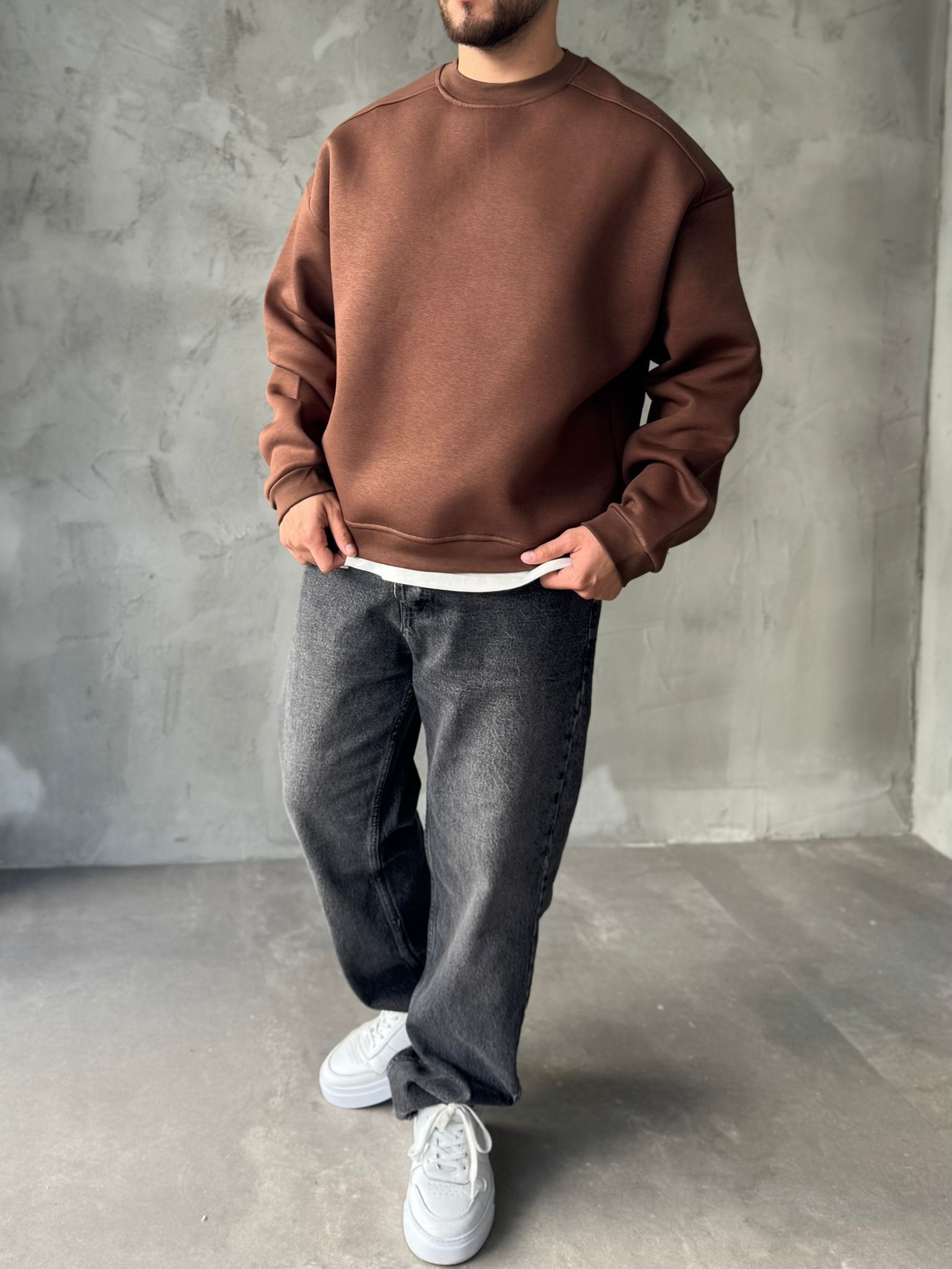 Kahve Basıc Oversize Premium Sweatshirt