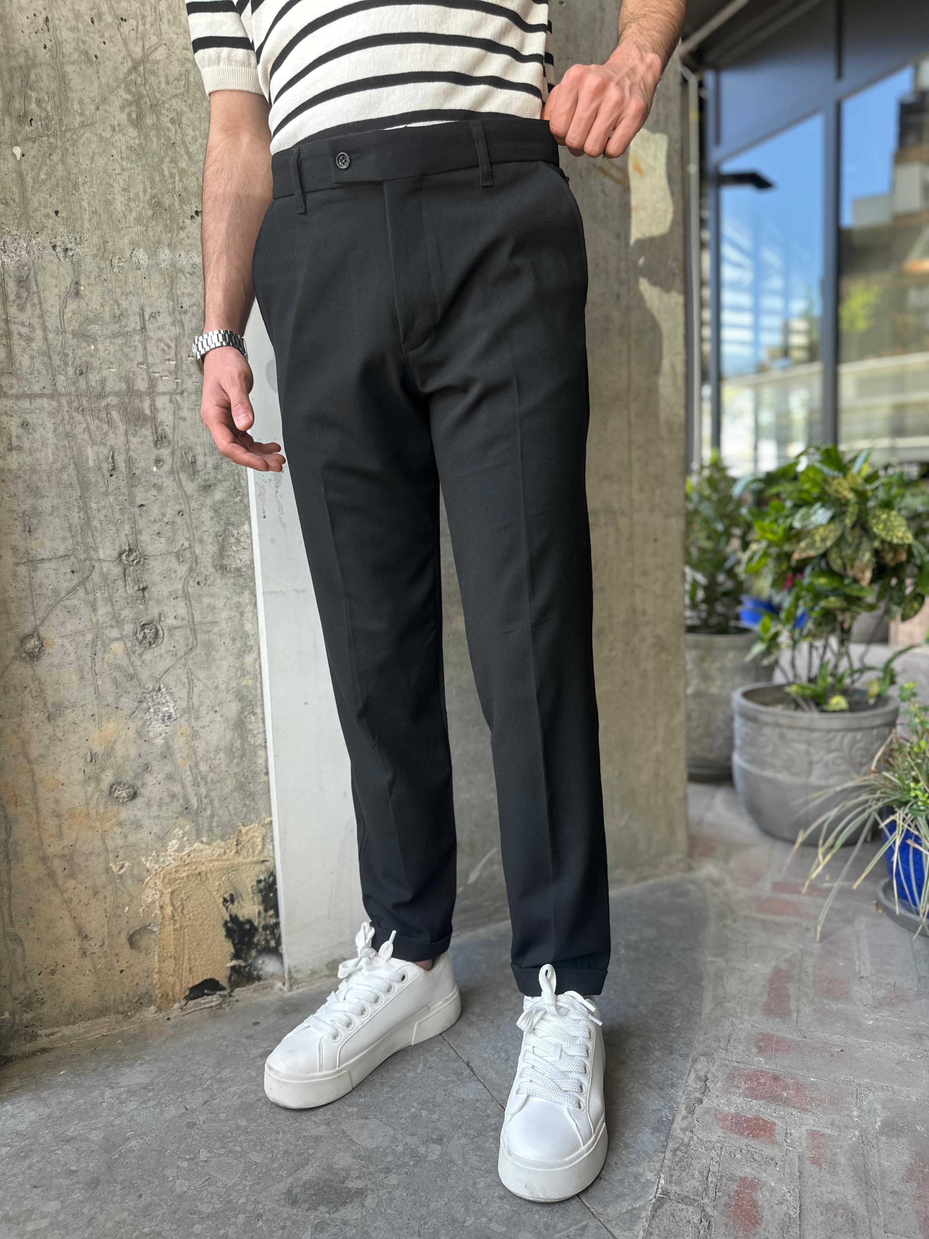 DOUBLE PAÇA KISA DİLLİ KUMAŞ PANTOLON - SİYAH