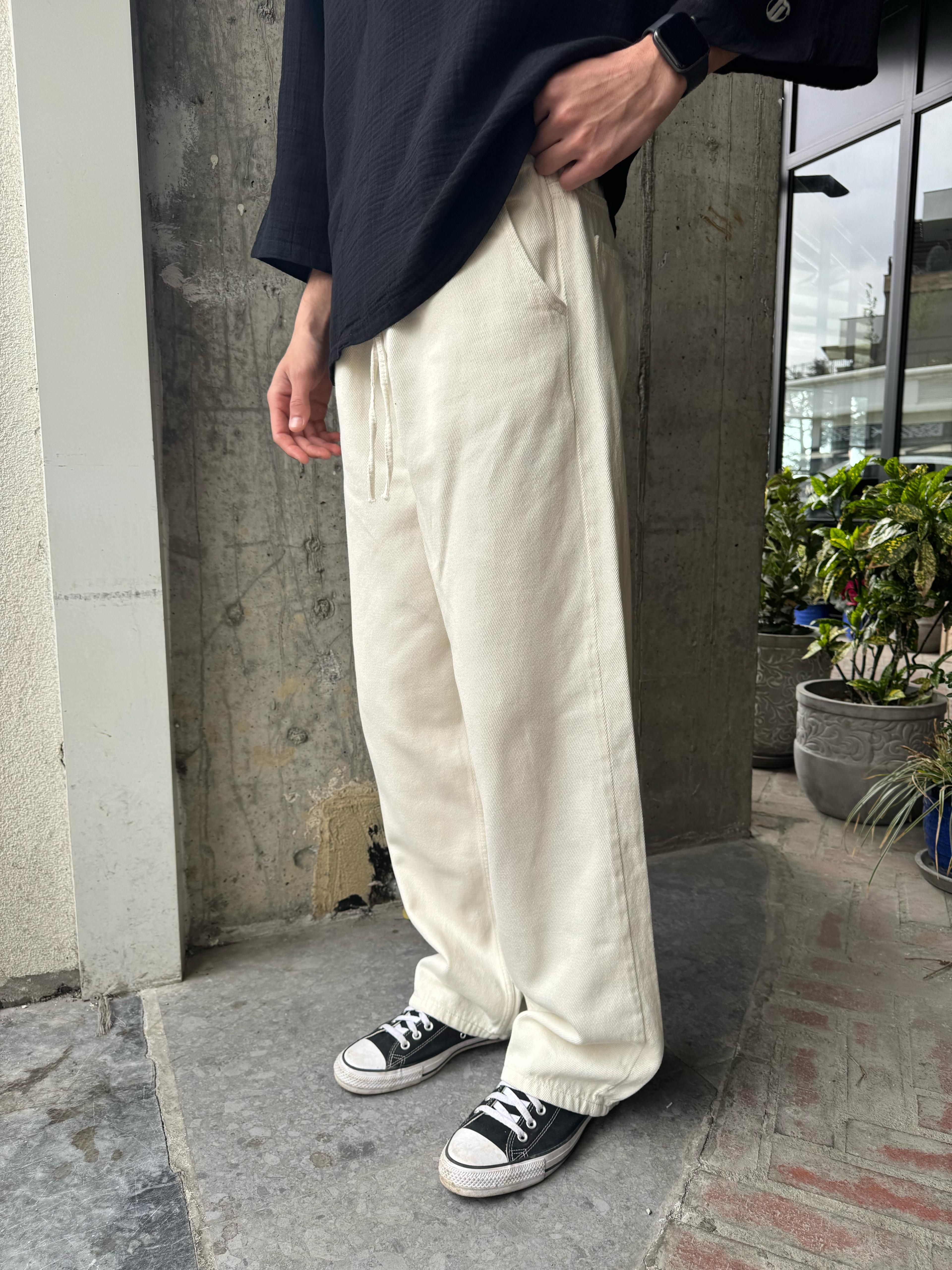 GABARDİN KUMAŞ BAGGY KALIP PANTOLON - BEYAZ