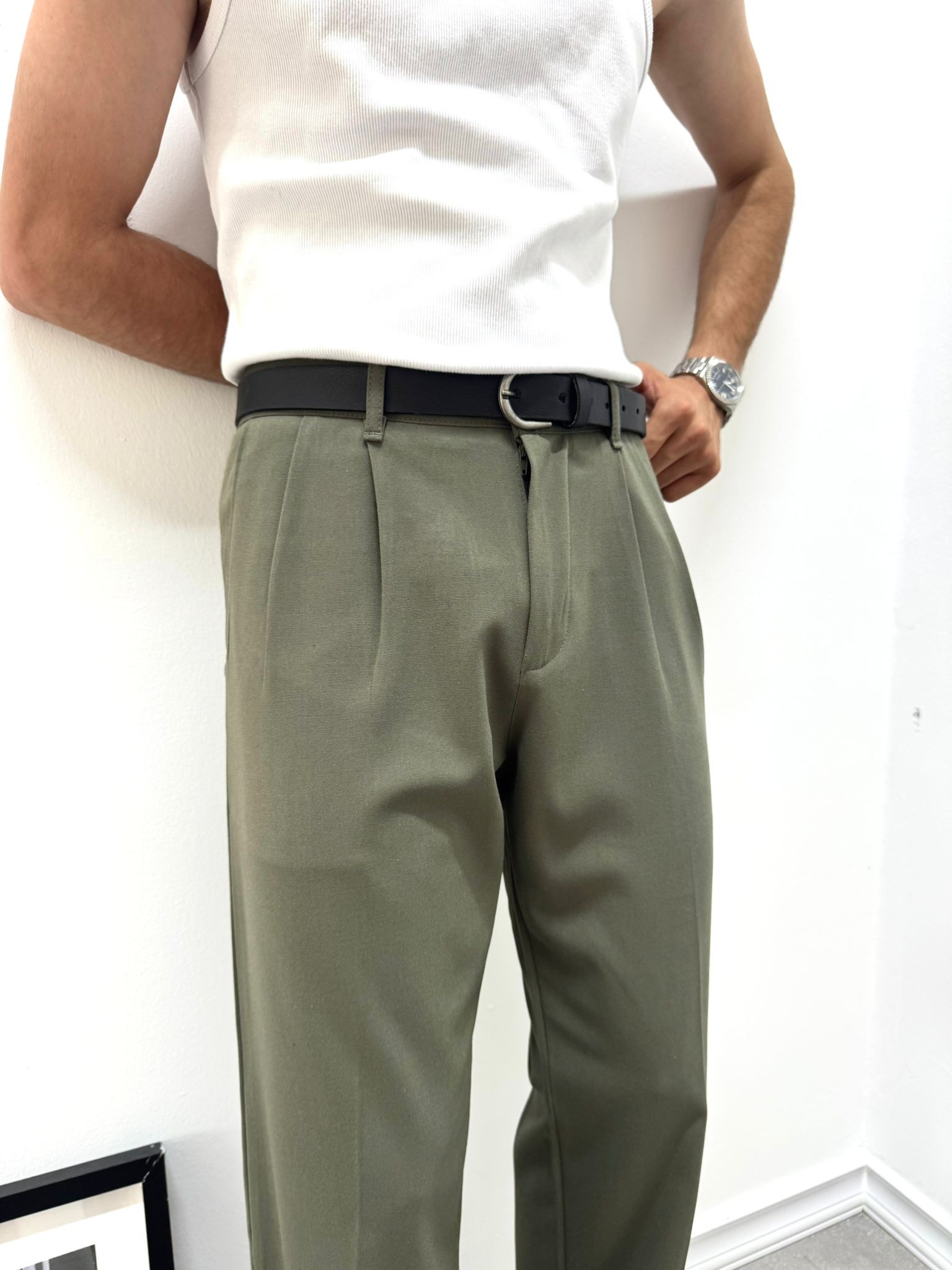 PİLELİ BAGGY KUMAŞ PANTOLON - HAKİ