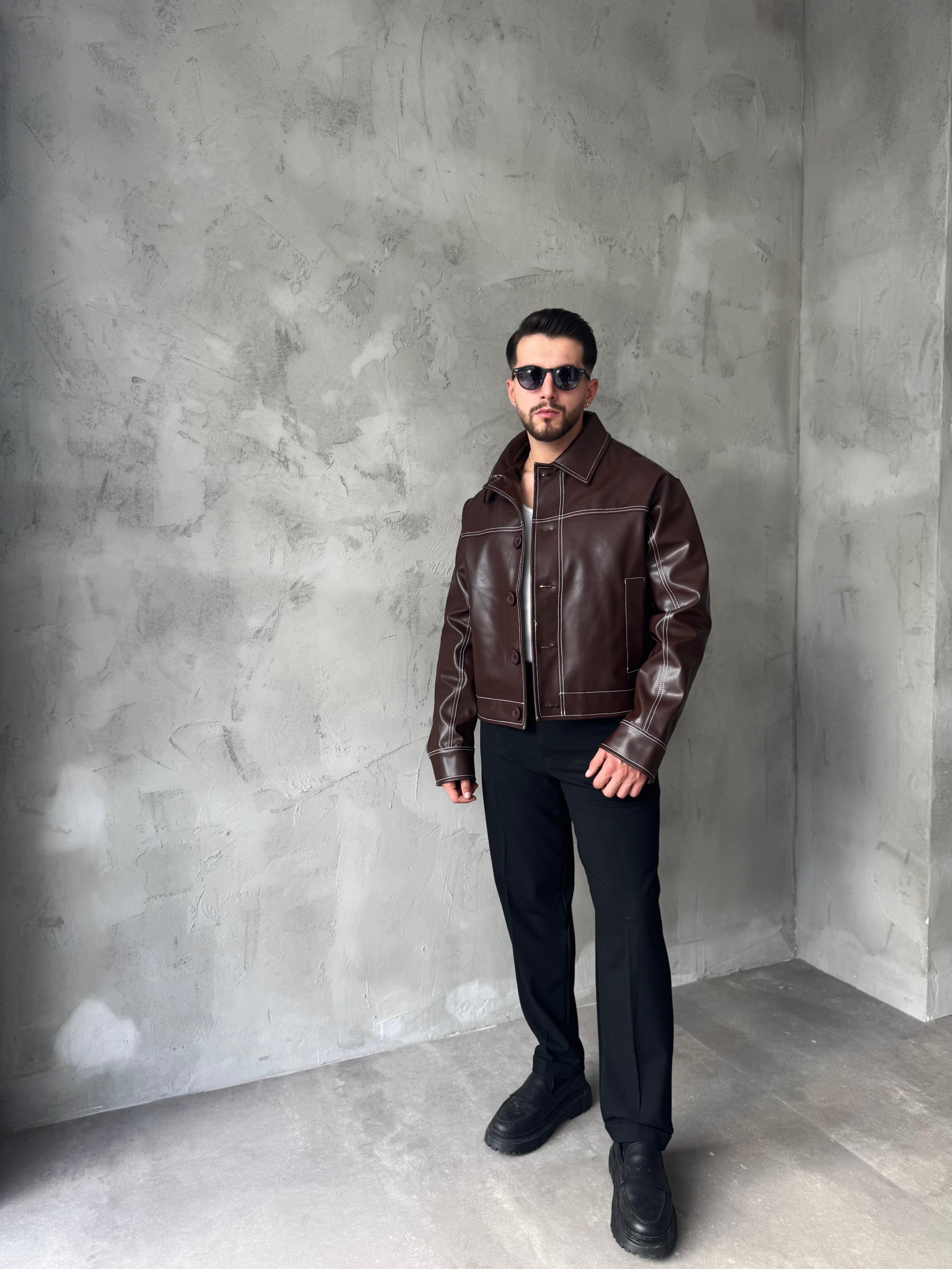 Kahverengi Dikiş Detaylı Giesto Deri Ceket