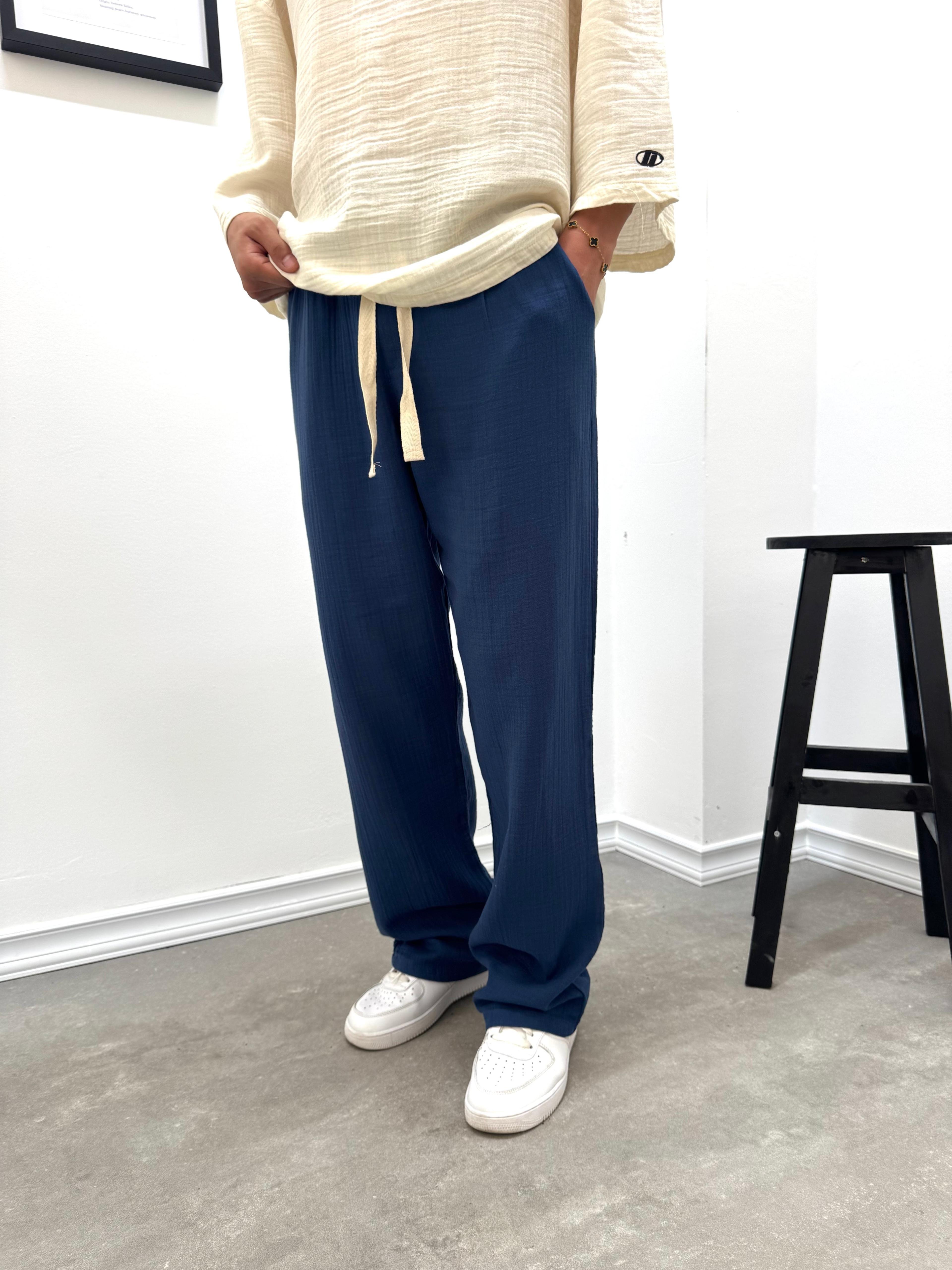MÜSLİN KUMAŞ BAGGY KALIP PANTOLON - LACİVERT