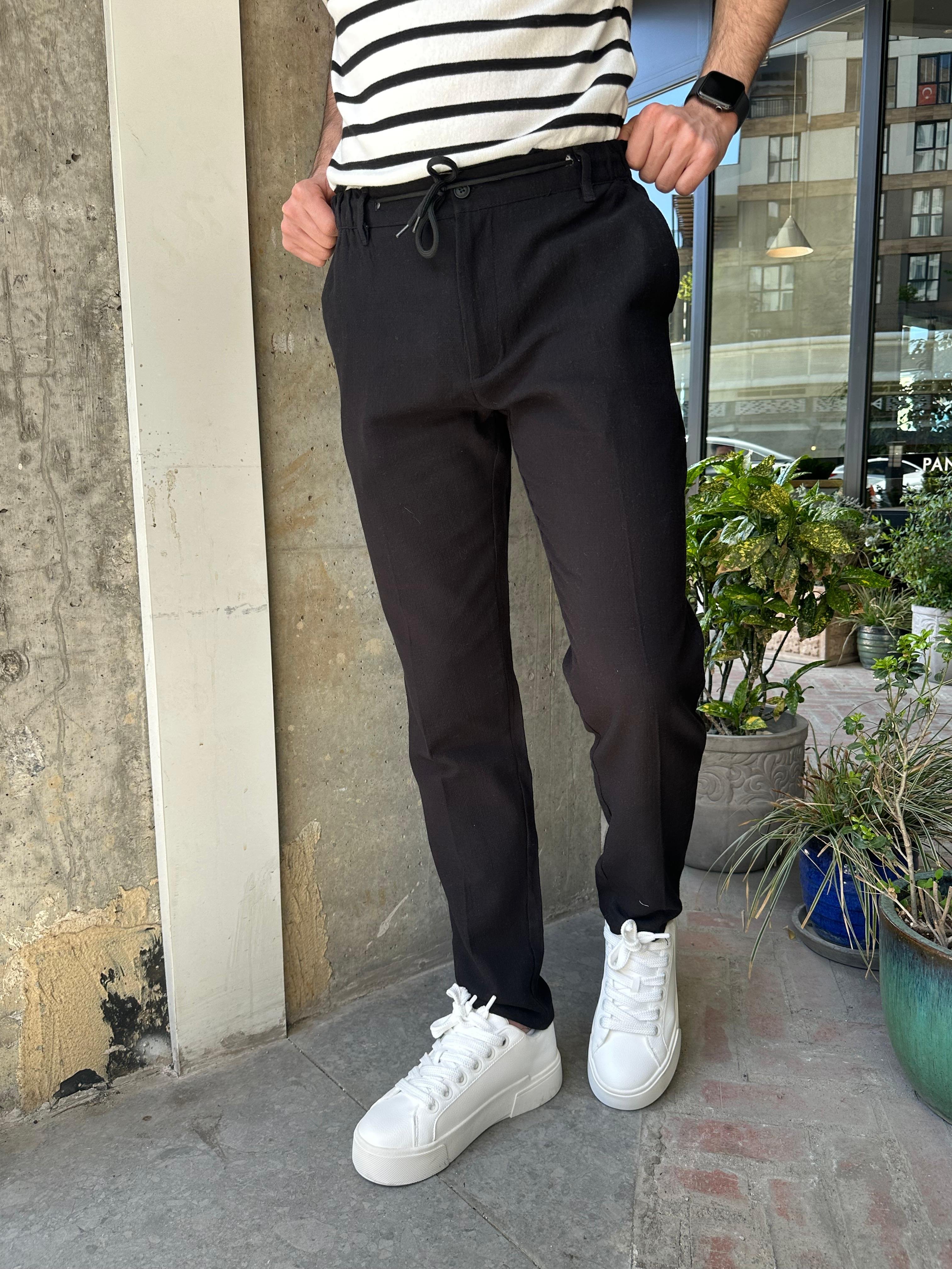 BELİ İPLİ REGULAR KALIP KETEN PANTOLON - SİYAH