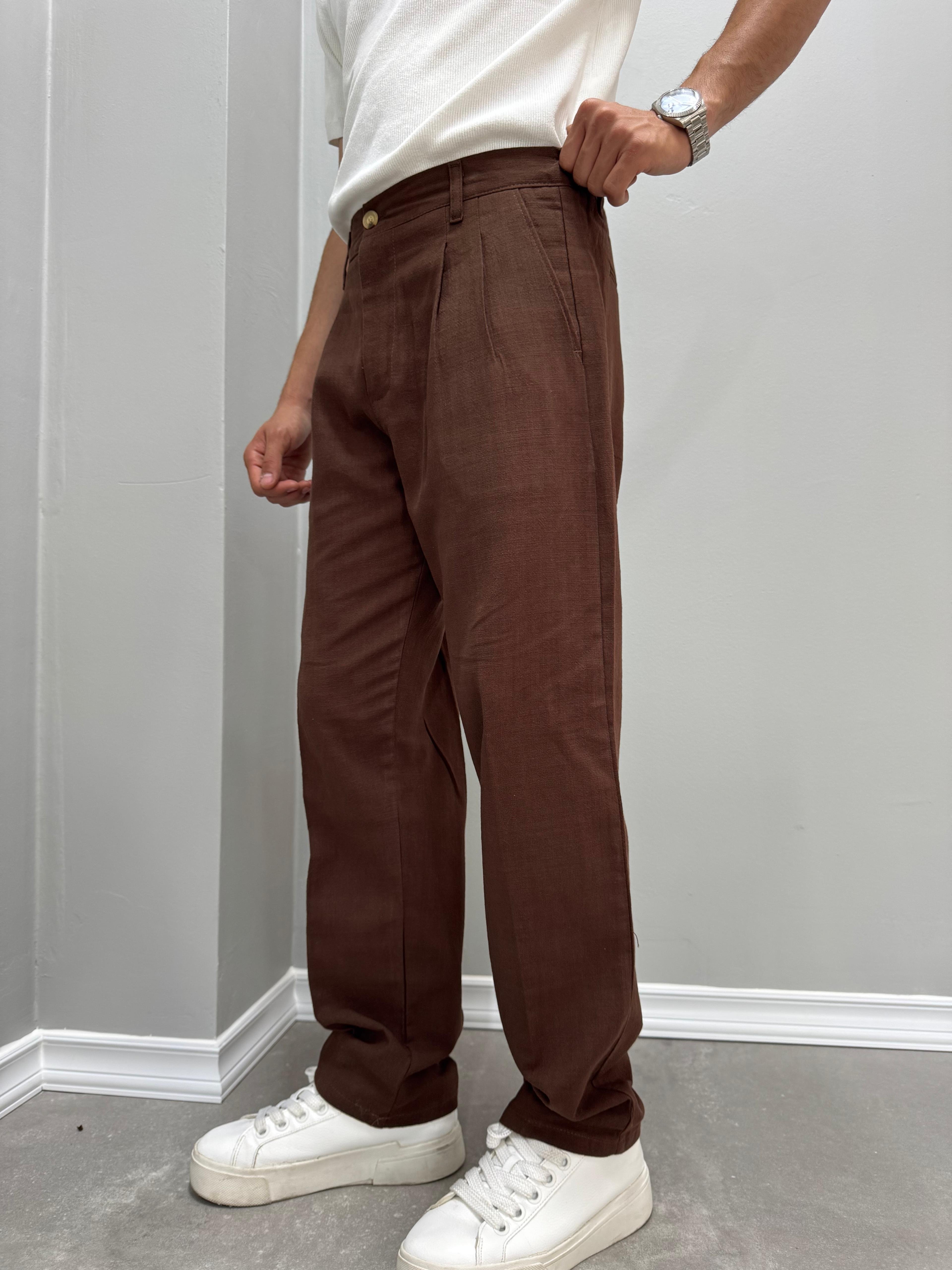 PİLELİ BAGGY KETEN PANTOLON - KAHVE