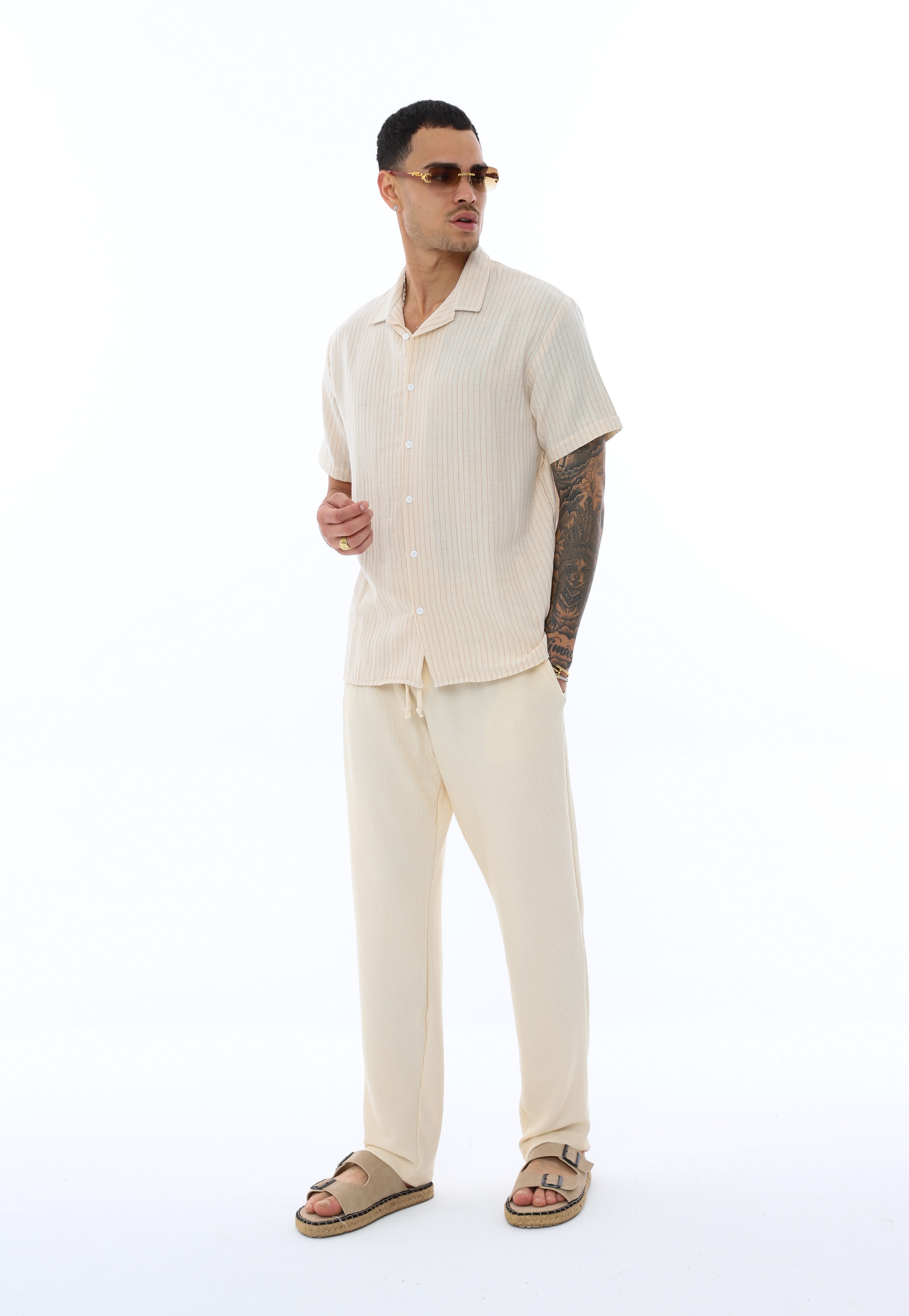 OVERSIZE İNCE ÇİZGİLİ GÖMLEK - KAHVE - BEYAZ