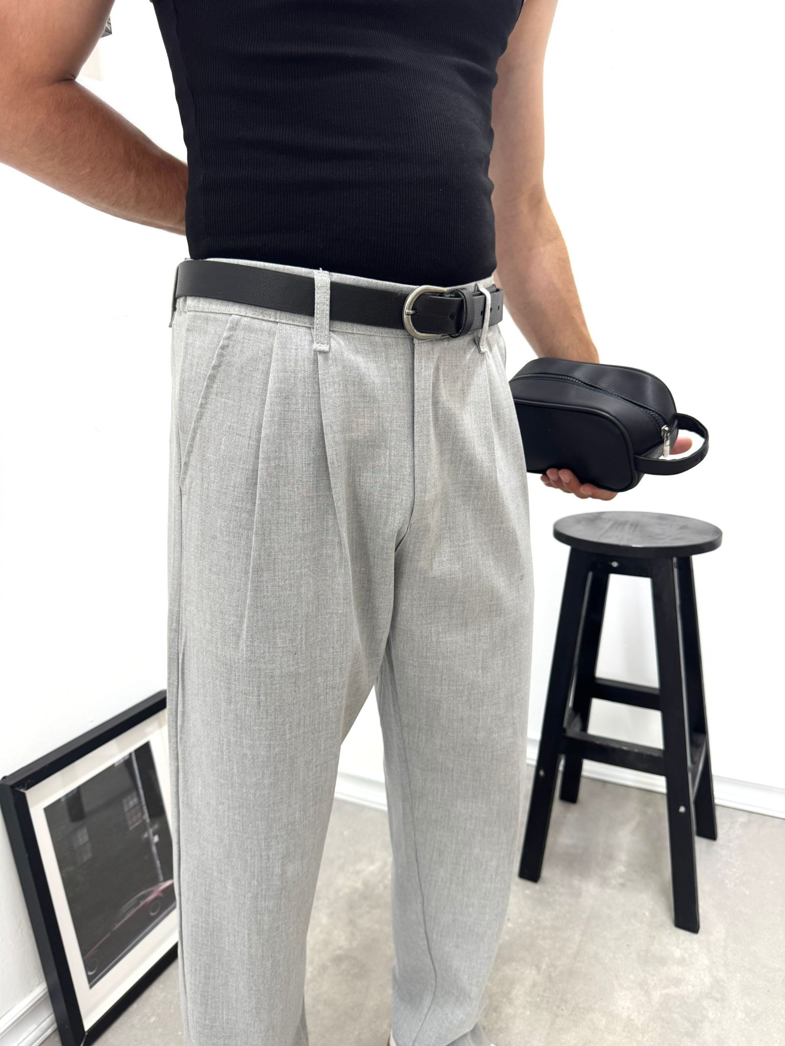 PİLELİ BAGGY KUMAŞ PANTOLON - GRİ