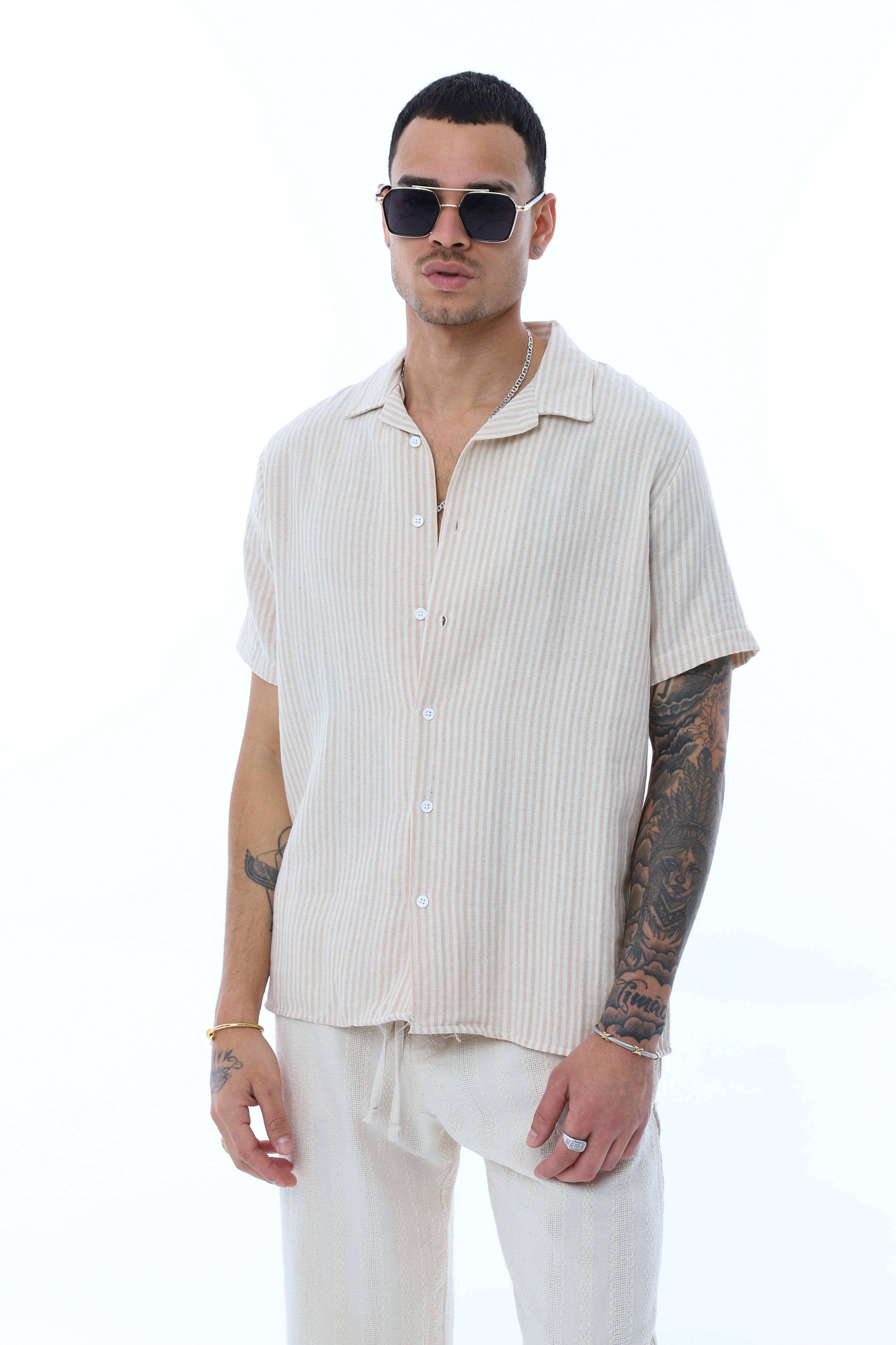 OVERSIZE KALIN ÇİZGİLİ KISA KOLLU GÖMLEK - KAHVE - BEYAZ