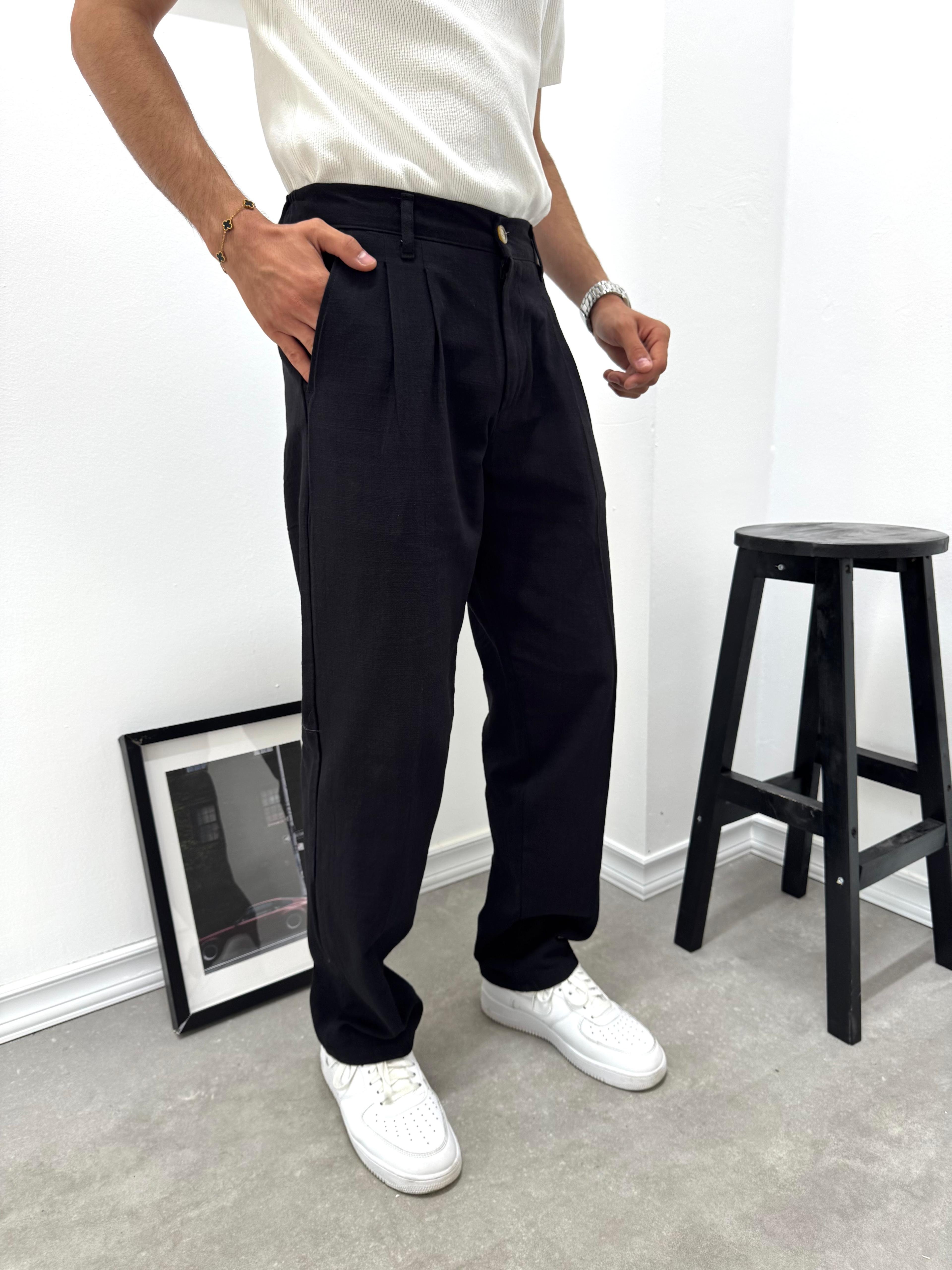 PİLELİ BAGGY KETEN PANTOLON - SİYAH