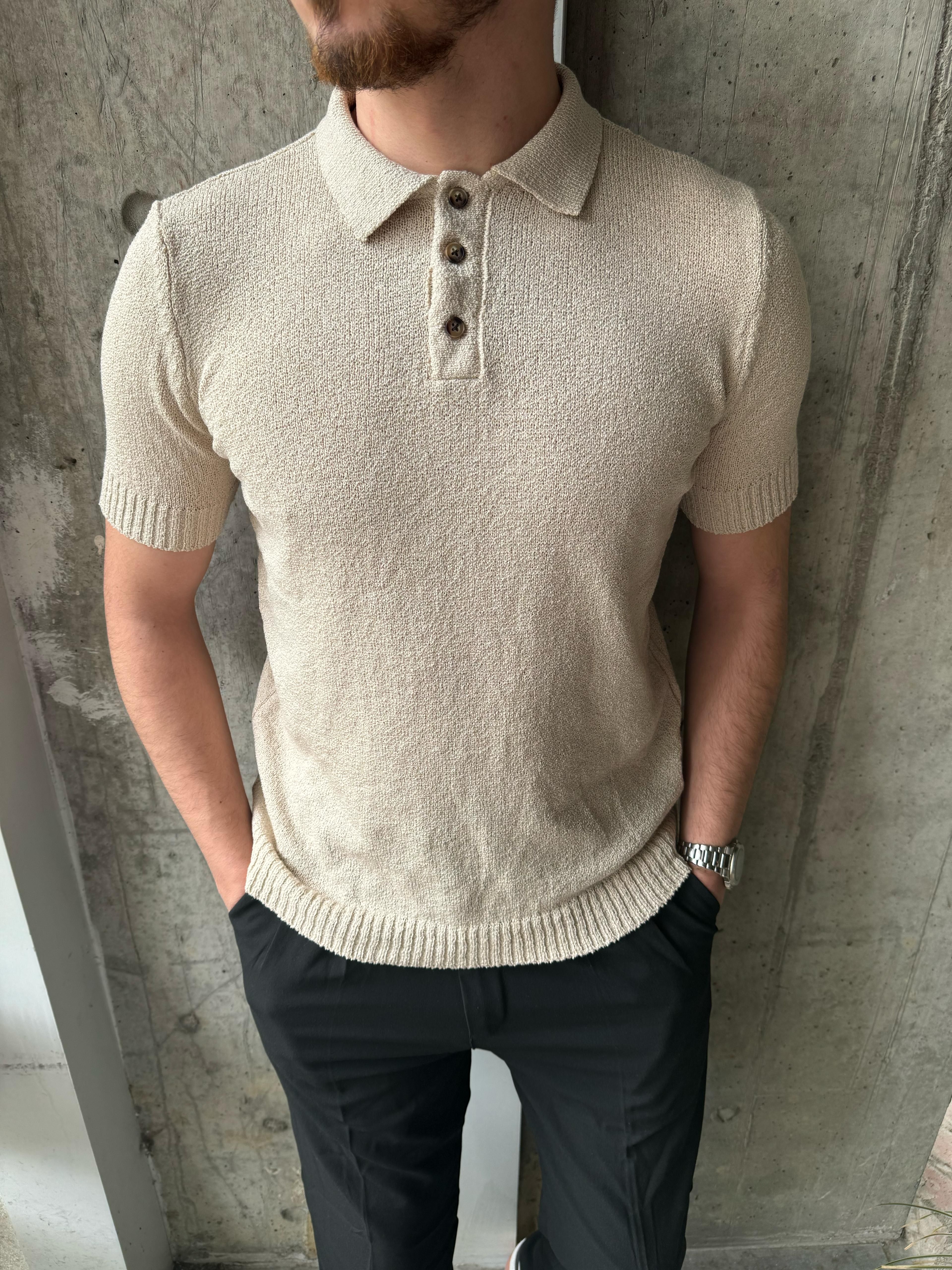 ÖRME KUMAŞ POLO YAKA TRİKO - BEJ