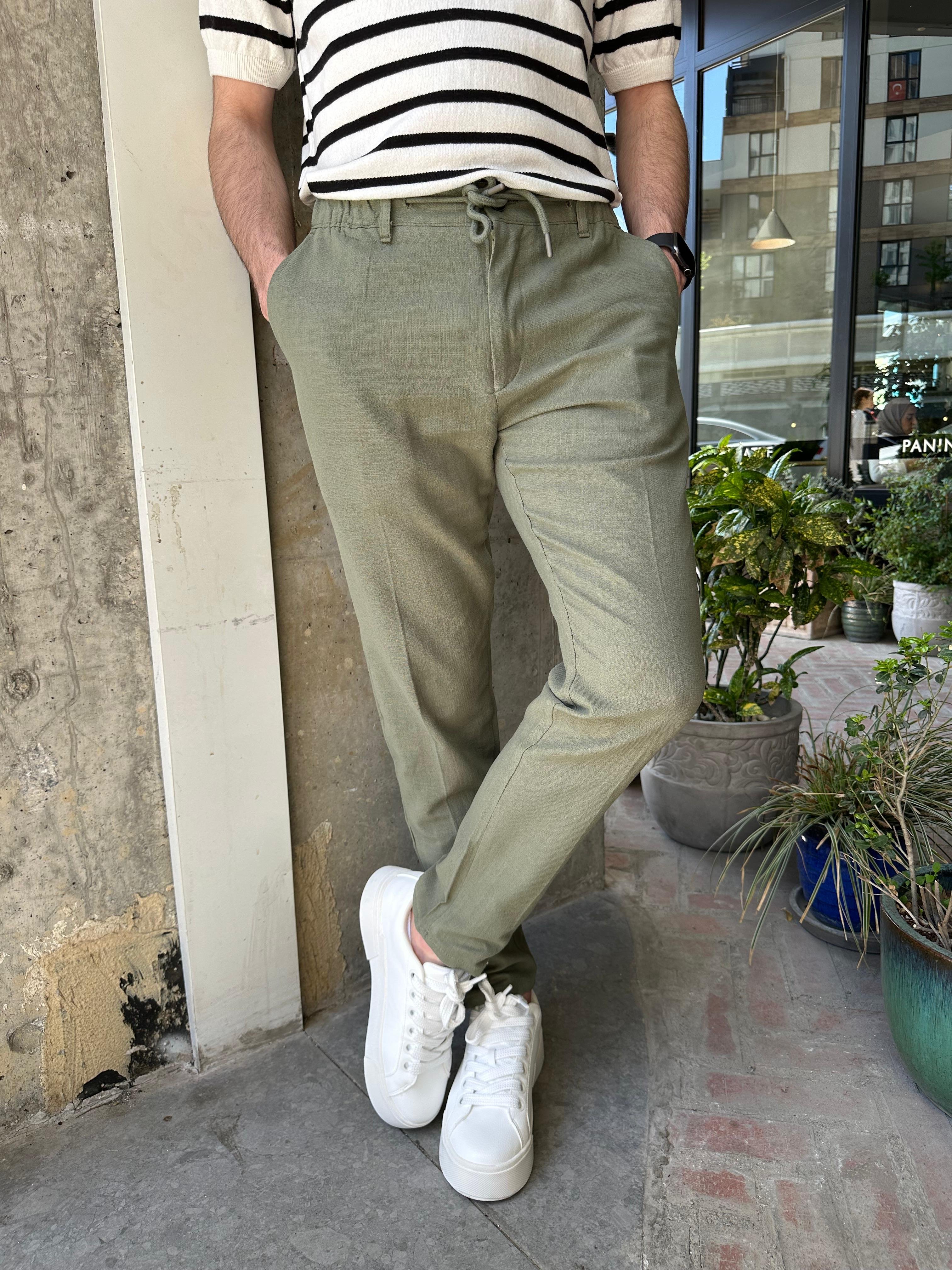 BELİ İPLİ REGULAR KALIP KETEN PANTOLON - HAKİ