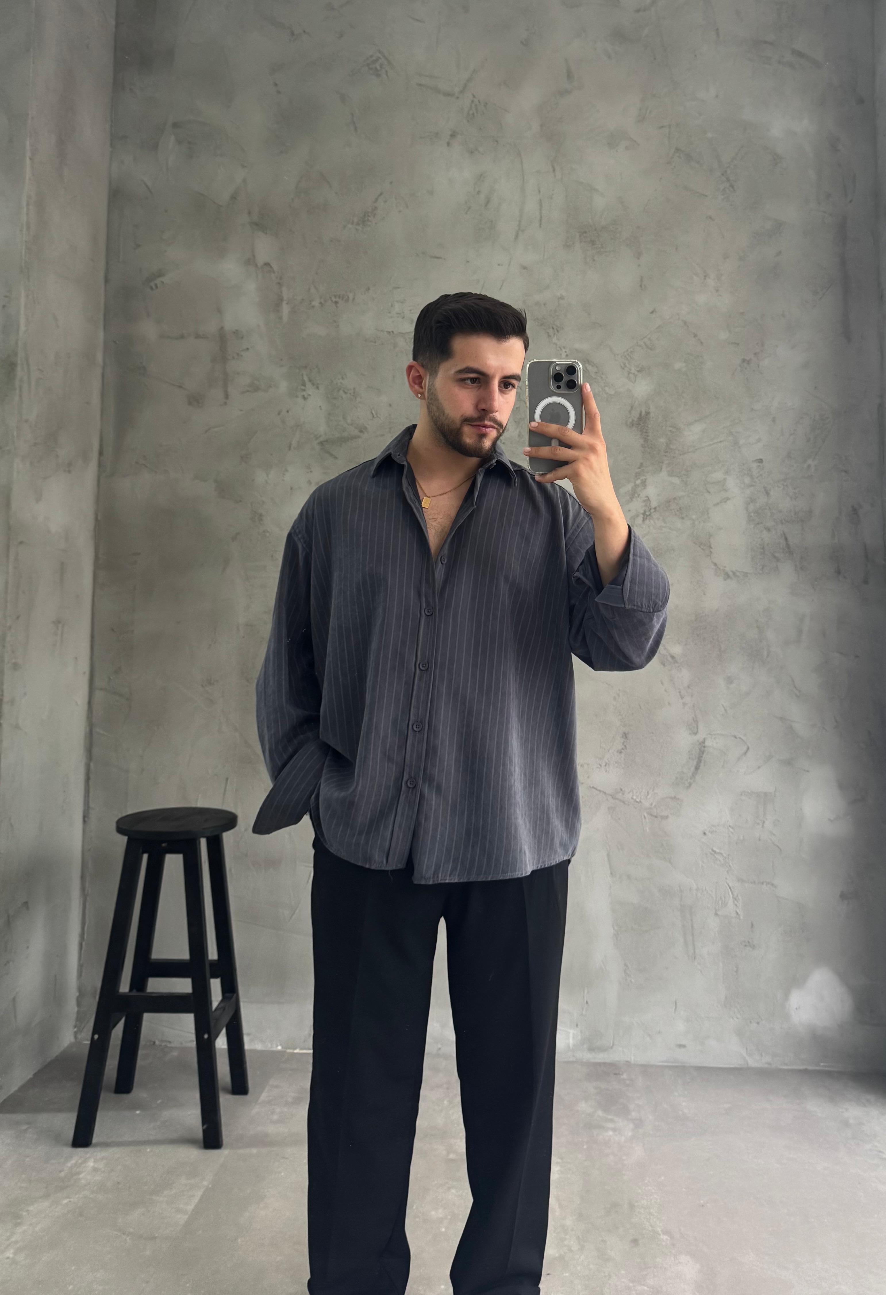 GG Antrasit Kışlık Modal Kumaş Çizgili Gömlek