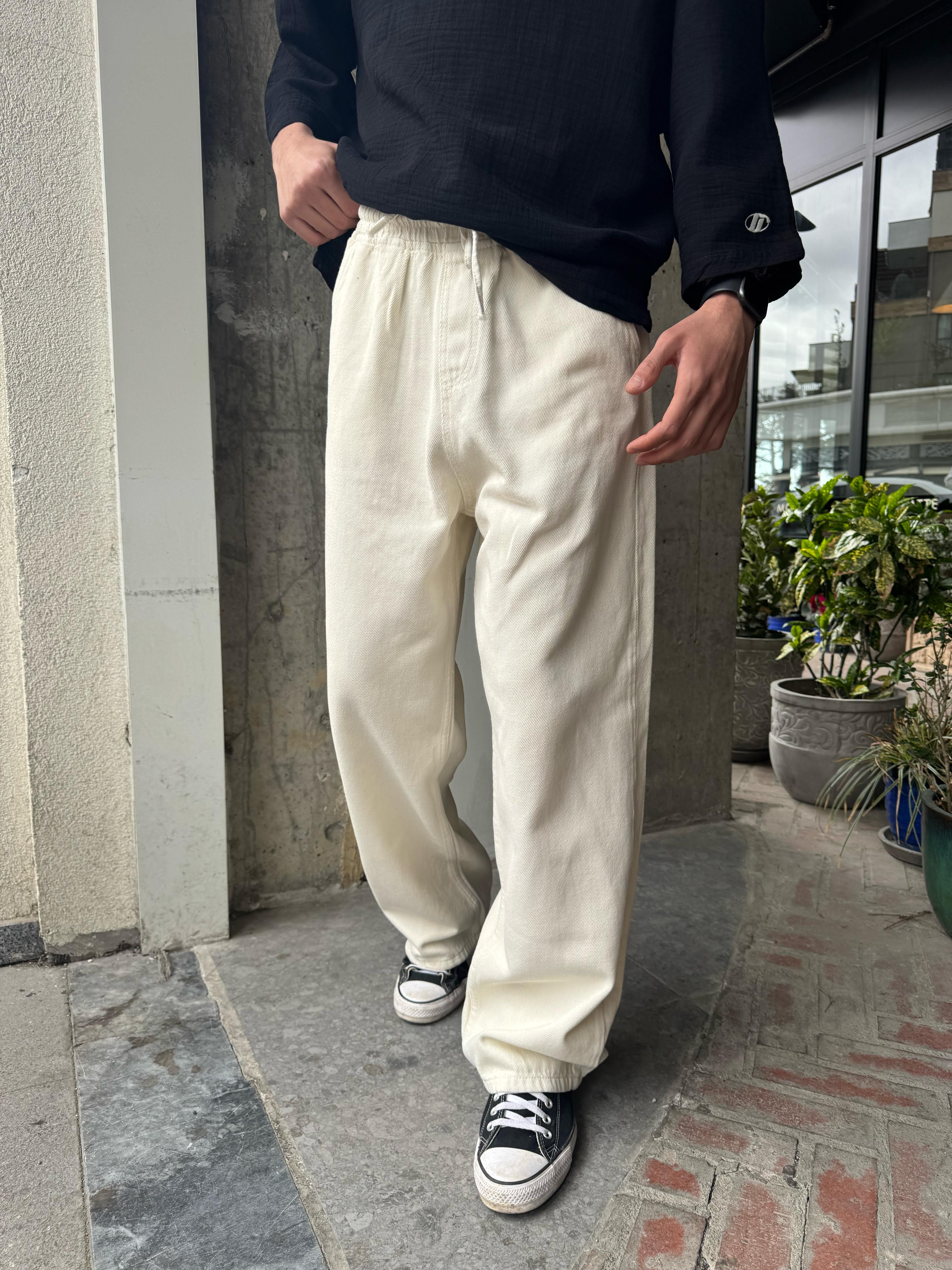 GABARDİN KUMAŞ BAGGY KALIP PANTOLON - BEYAZ