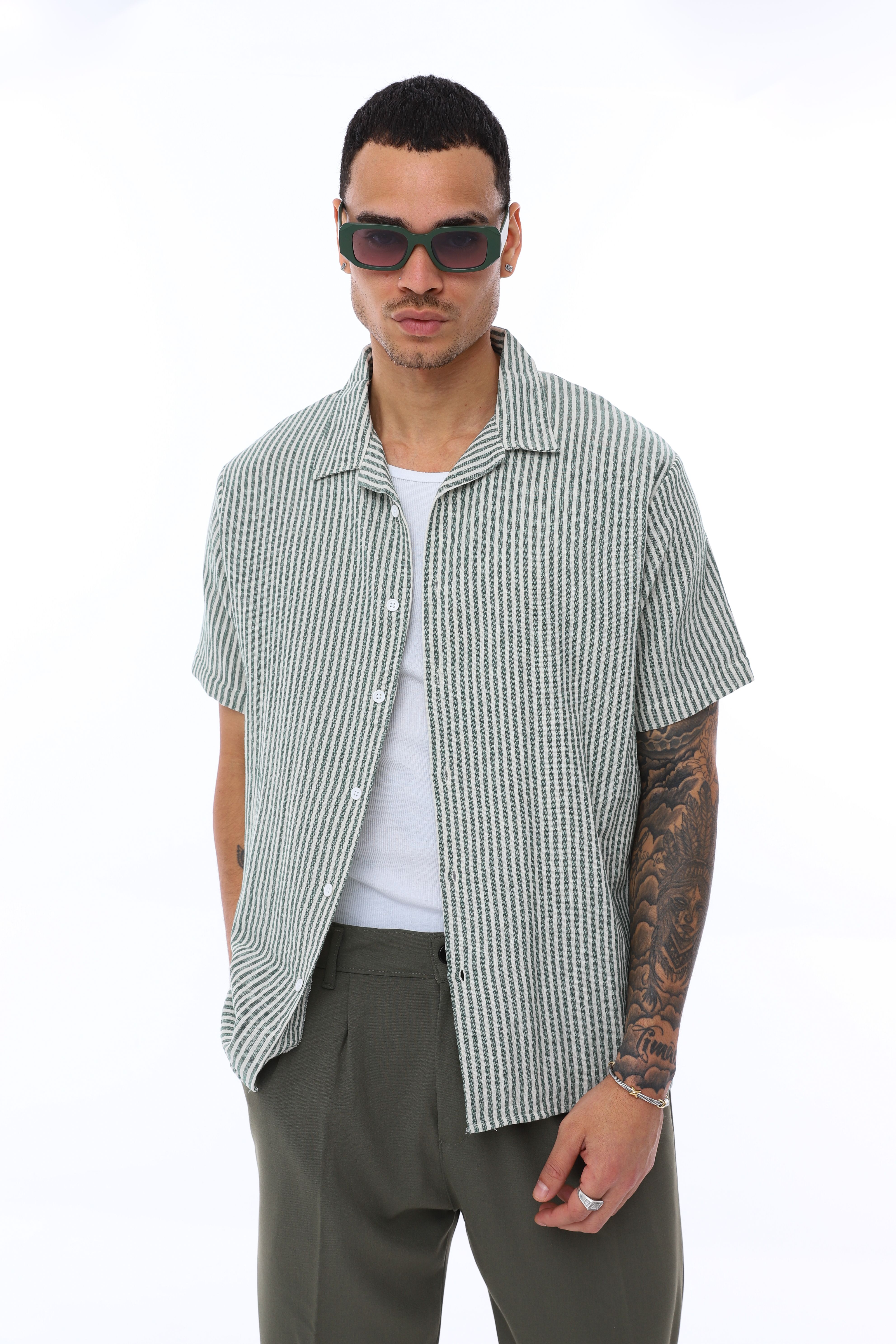 OVERSIZE KALIN ÇİZGİLİ KISA KOLLU GÖMLEK - HAKİ - BEYAZ