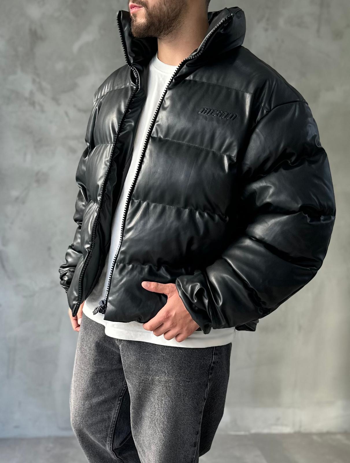 Siyah Premium Deri Oversize Şişme Mont 