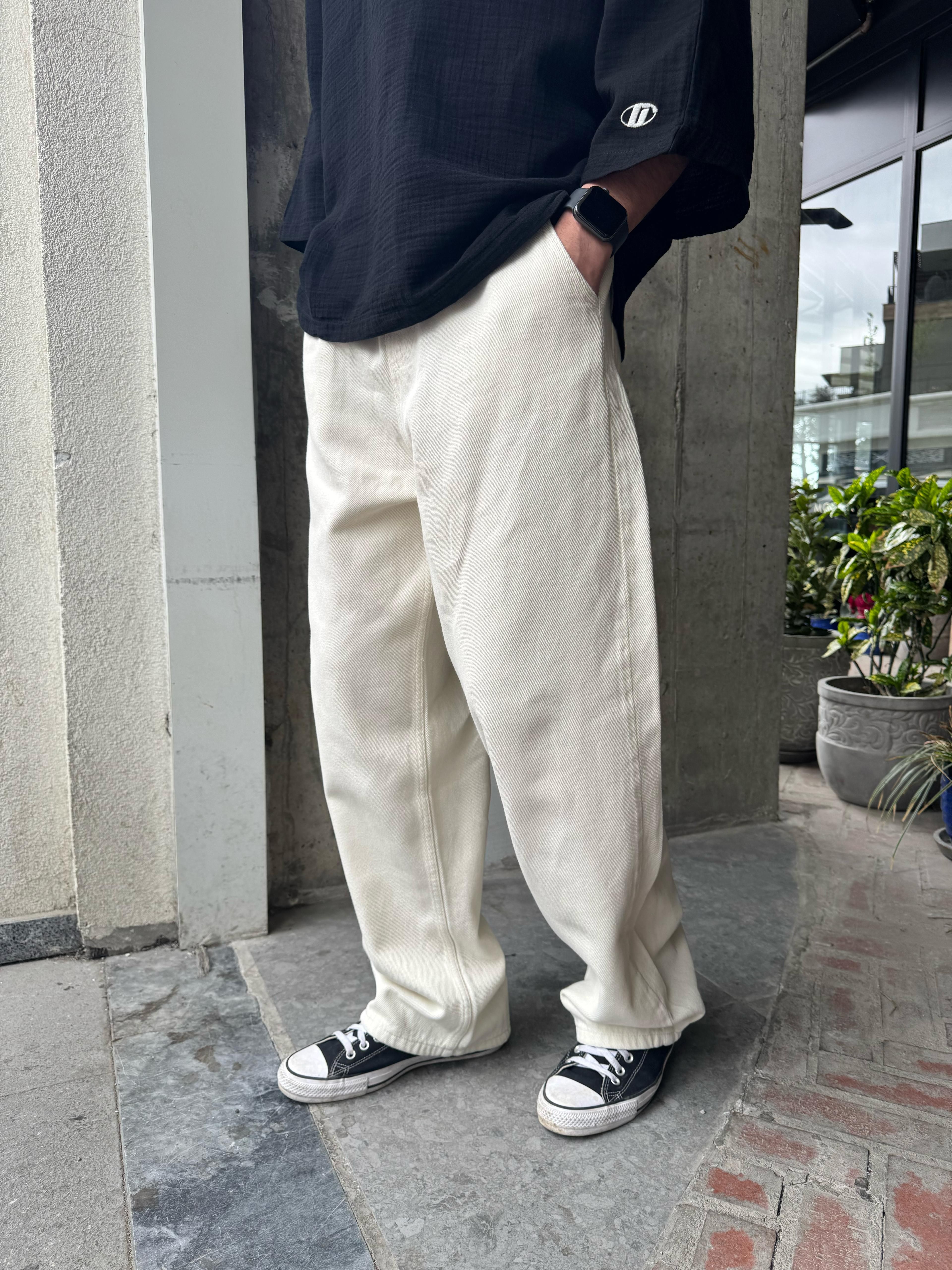 GABARDİN KUMAŞ BAGGY KALIP PANTOLON - BEYAZ