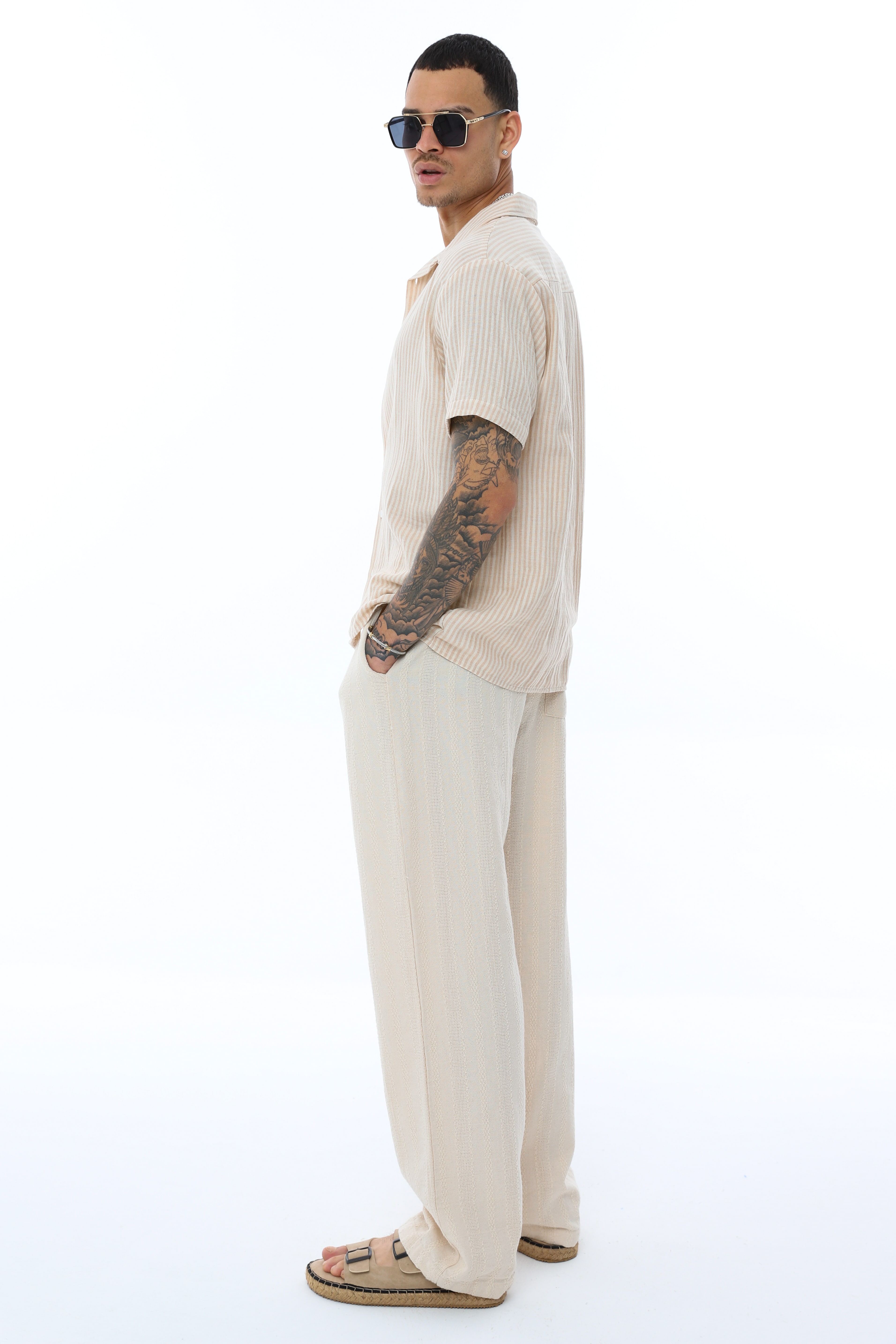 OVERSIZE KALIN ÇİZGİLİ KISA KOLLU GÖMLEK - KAHVE - BEYAZ