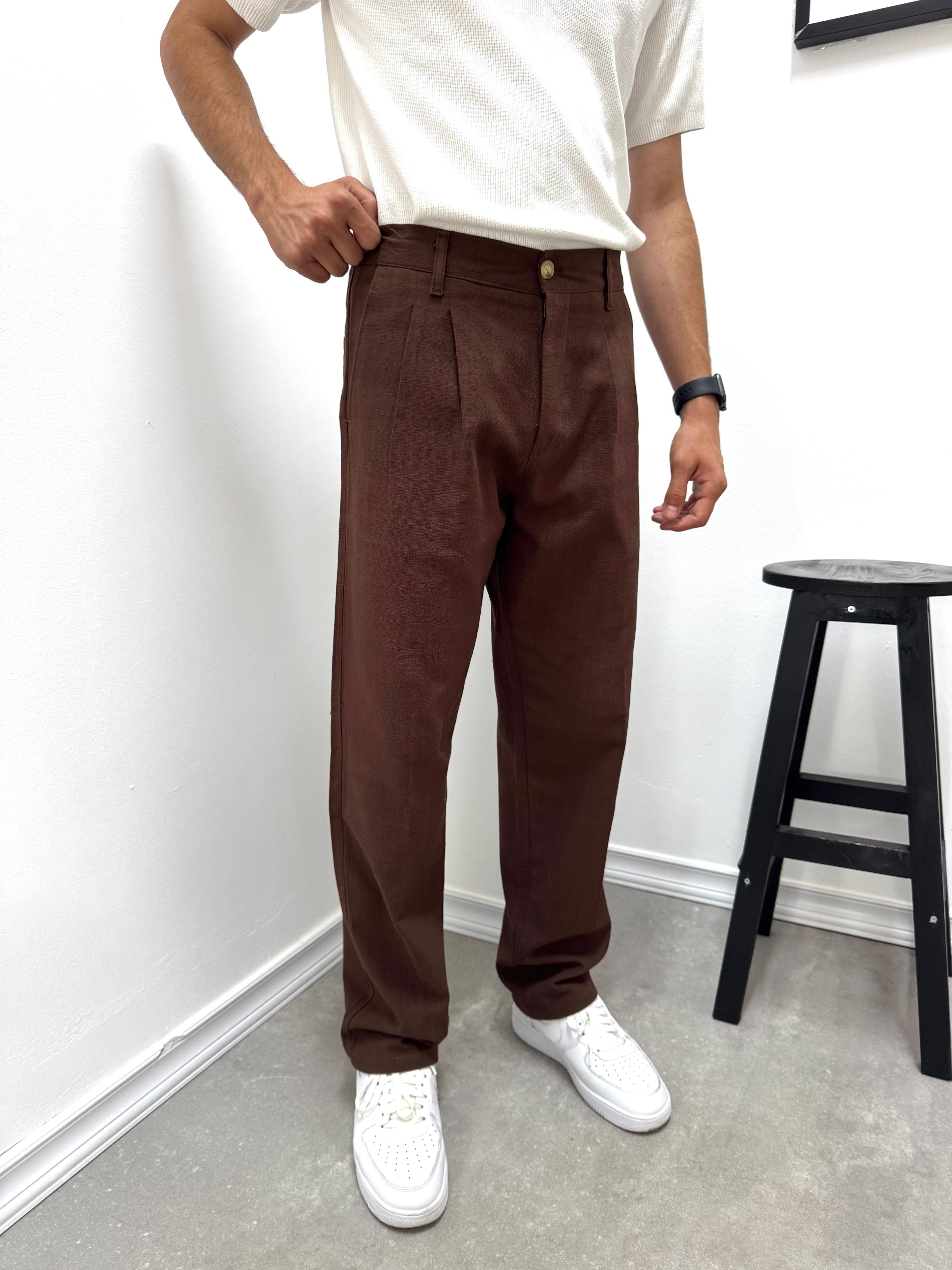 PİLELİ BAGGY KETEN PANTOLON - KAHVE