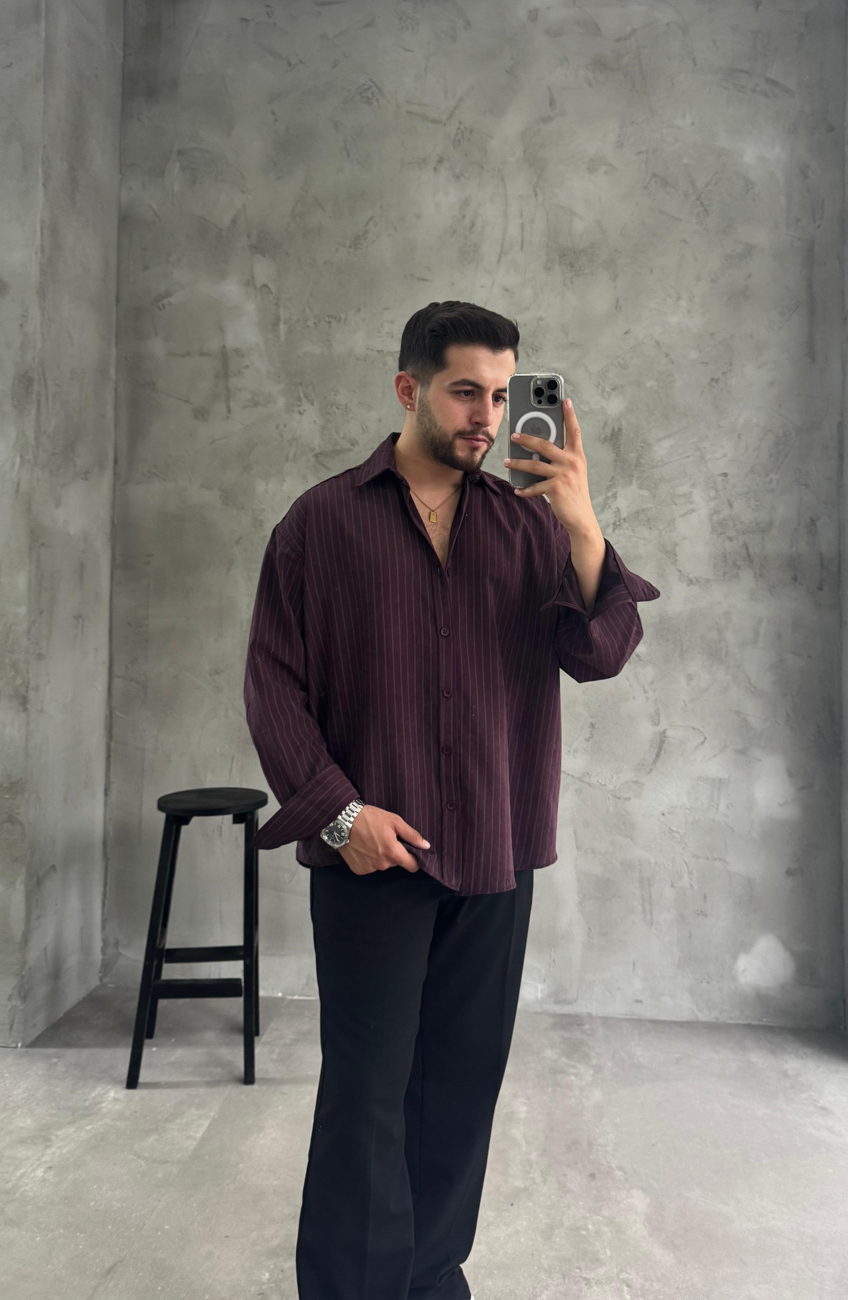 GG Bordo Kışlık Modal Kumaş Çizgili Gömlek