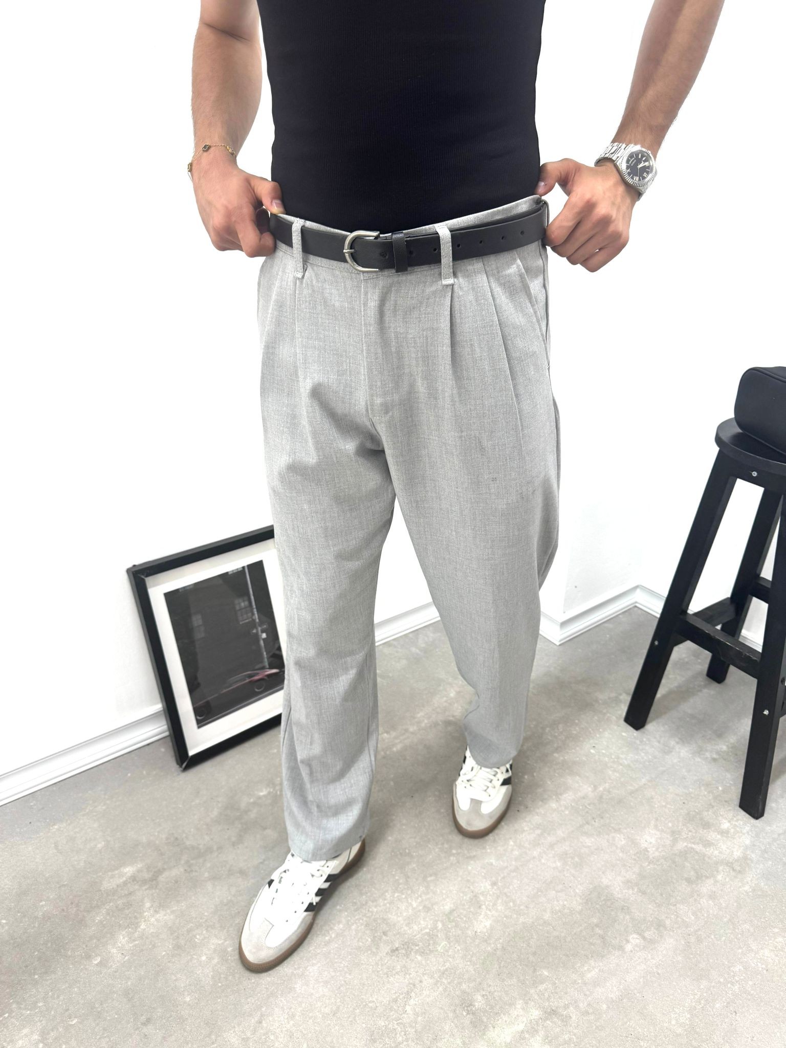 PİLELİ BAGGY KUMAŞ PANTOLON - GRİ